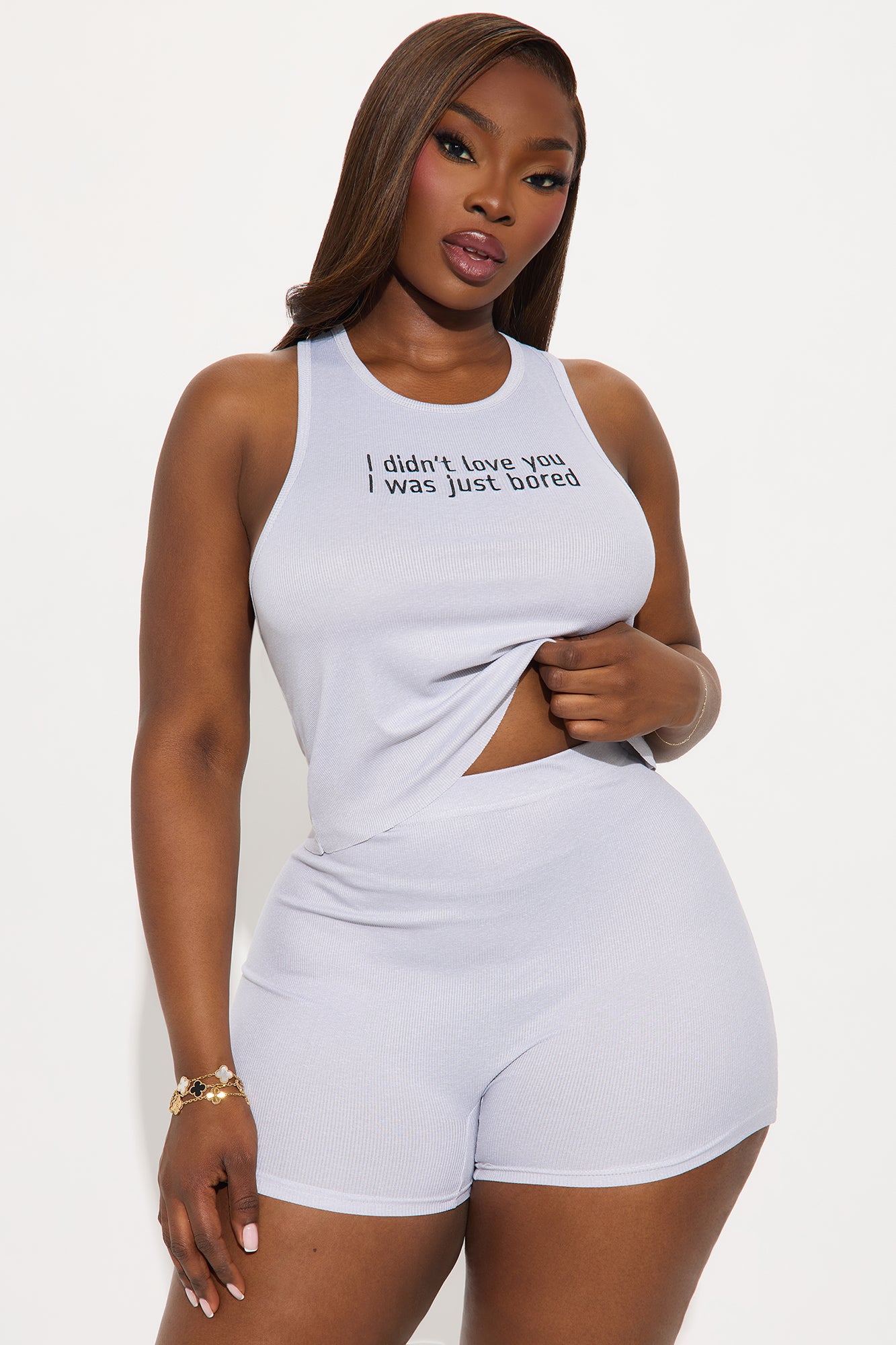 I Was Bored Ribbed PJ Short Set - Heather Grey - Image 4