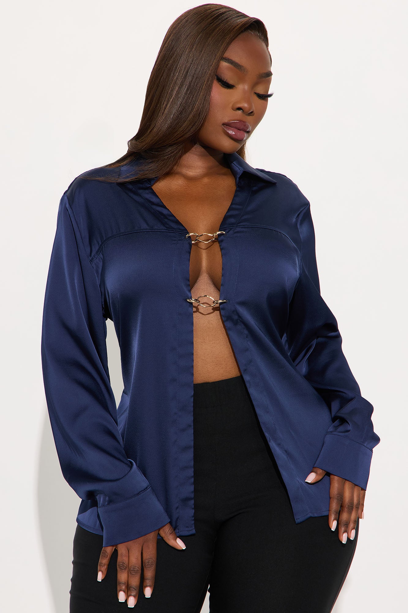 Glowing In Satin Blouse - Navy - Image 4