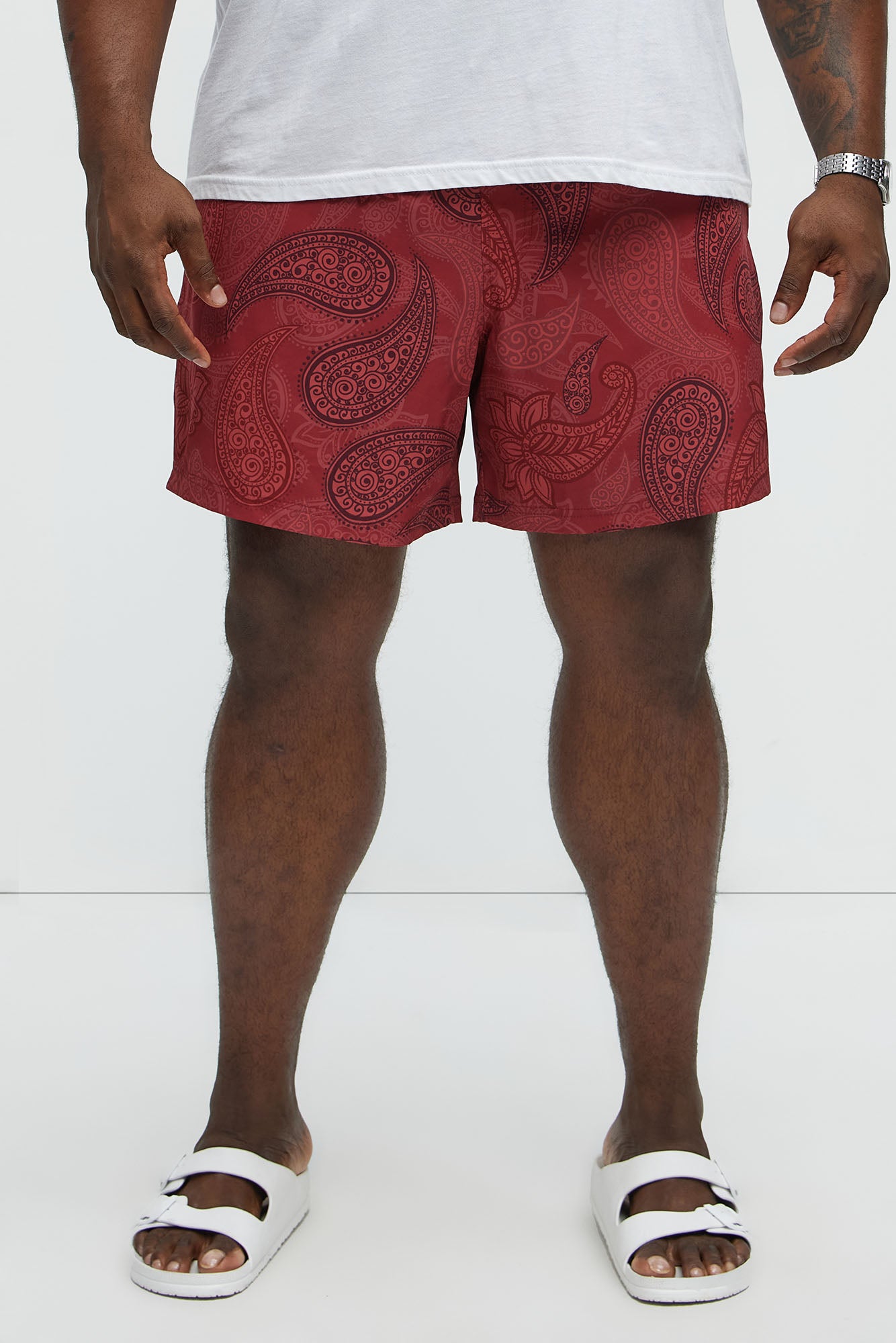 Retro Paisley Printed Swim Classic Trunk - Burgundy - Image 5