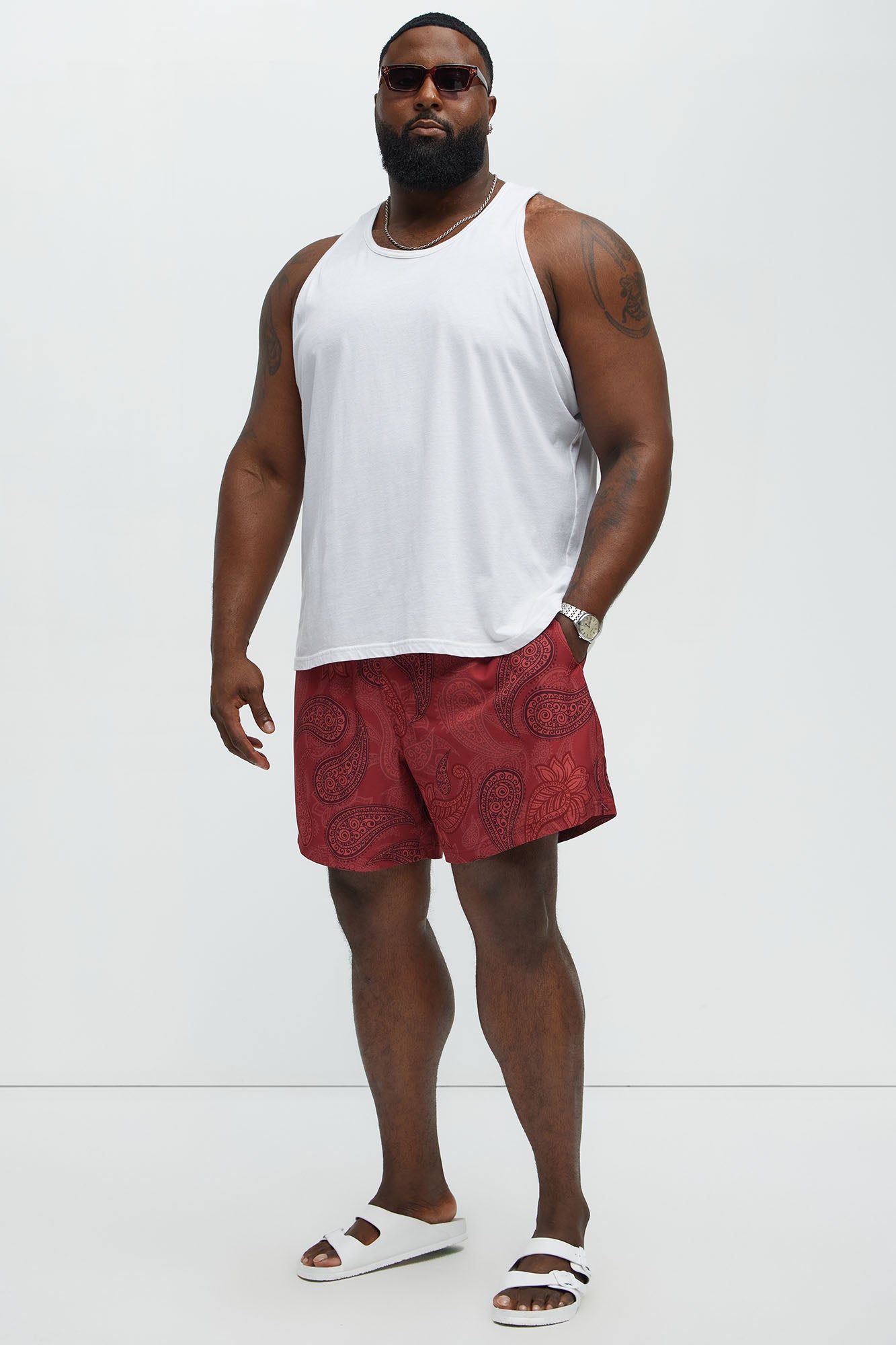 Retro Paisley Printed Swim Classic Trunk - Burgundy - Image 6