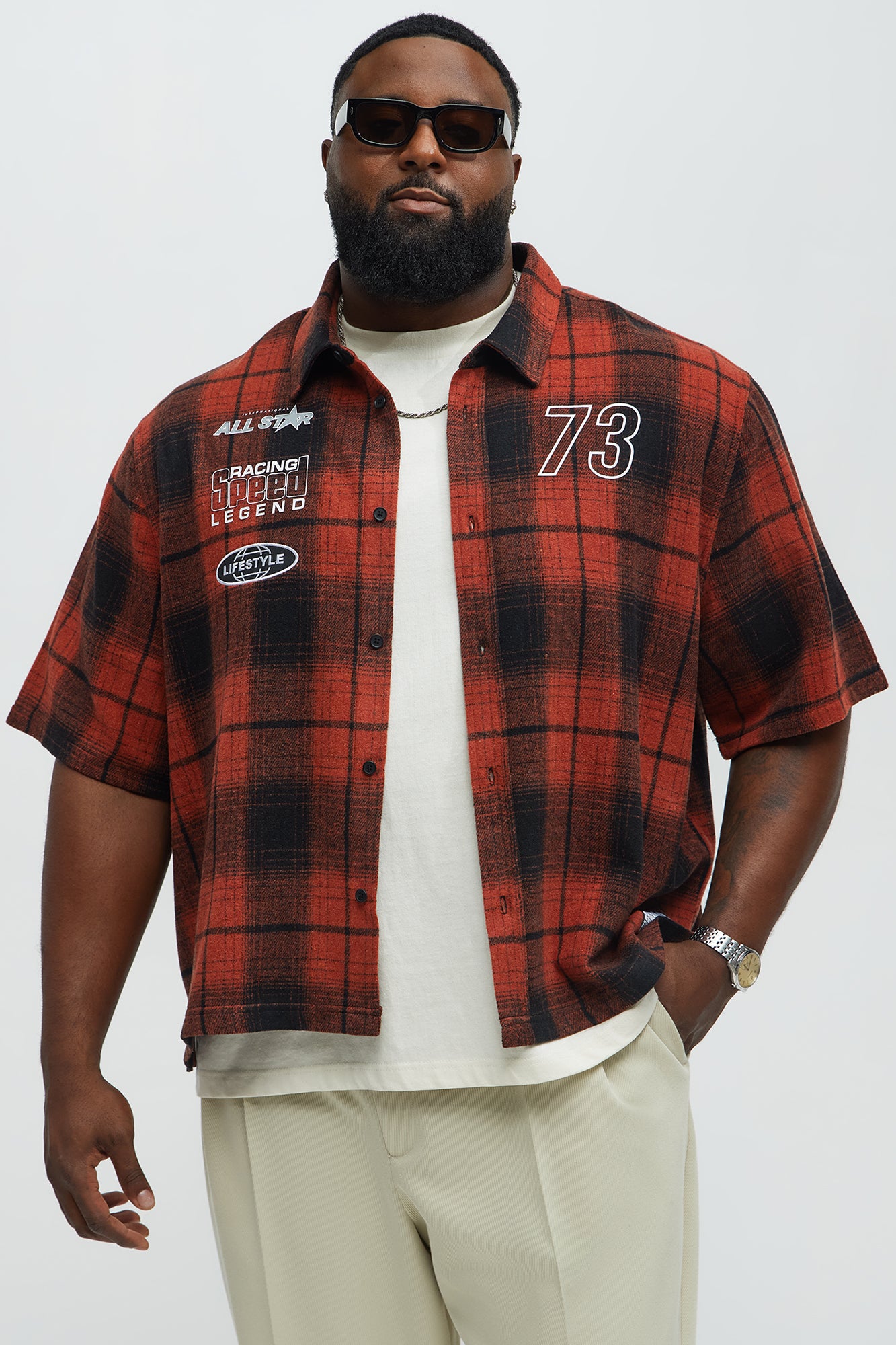 All Star Plaid Button Down Cropped Short Sleeve Shirt - Orange/combo - Image 5
