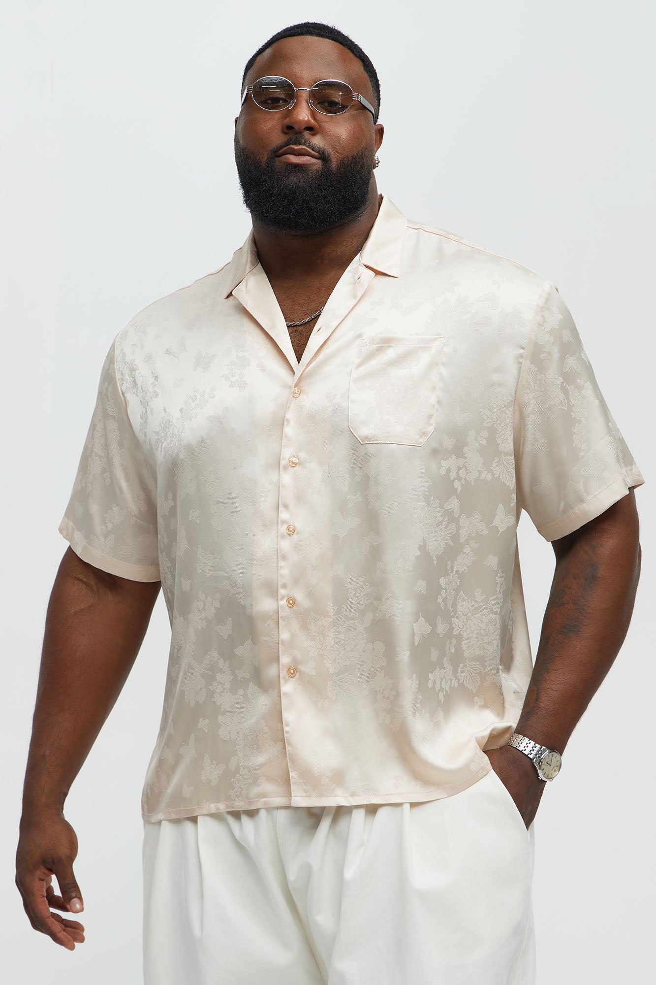 Satin Butterflies Short Sleeve Button Up Shirt - Ivory - Image 7