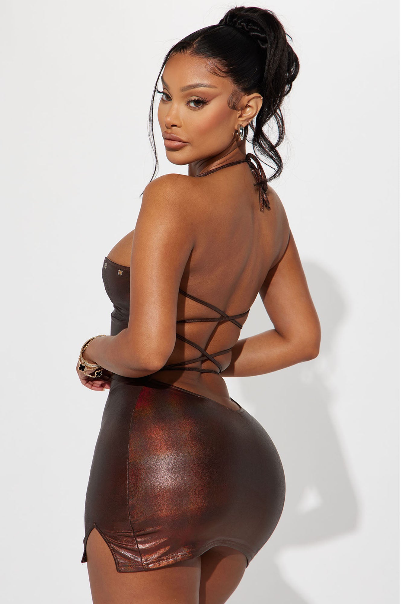 Ashlynn Lace Up Mini Dress - Chocolate - Image 3