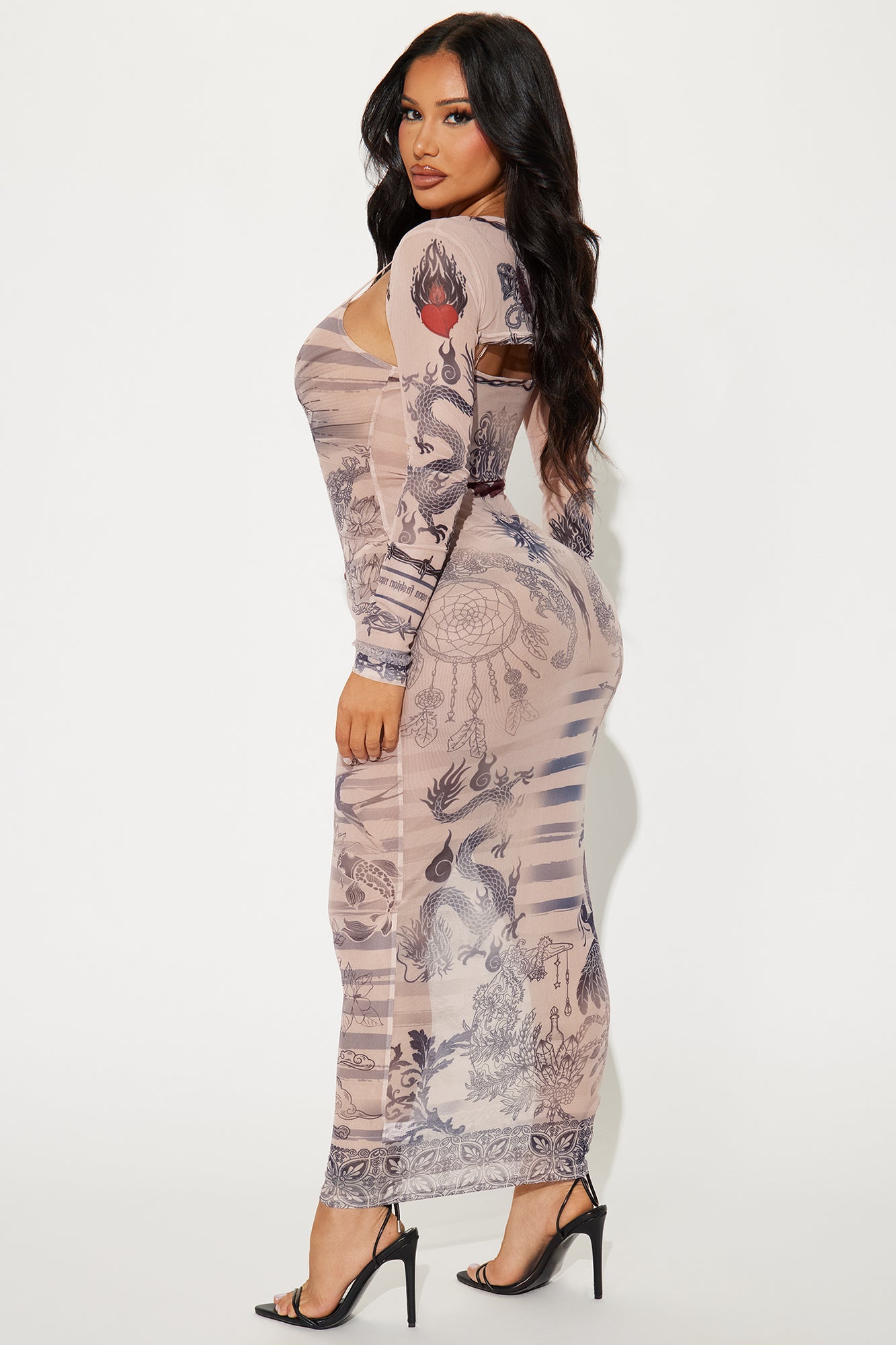 Temporary Tattoo Mesh Maxi Dress - Nude/combo - Image 4