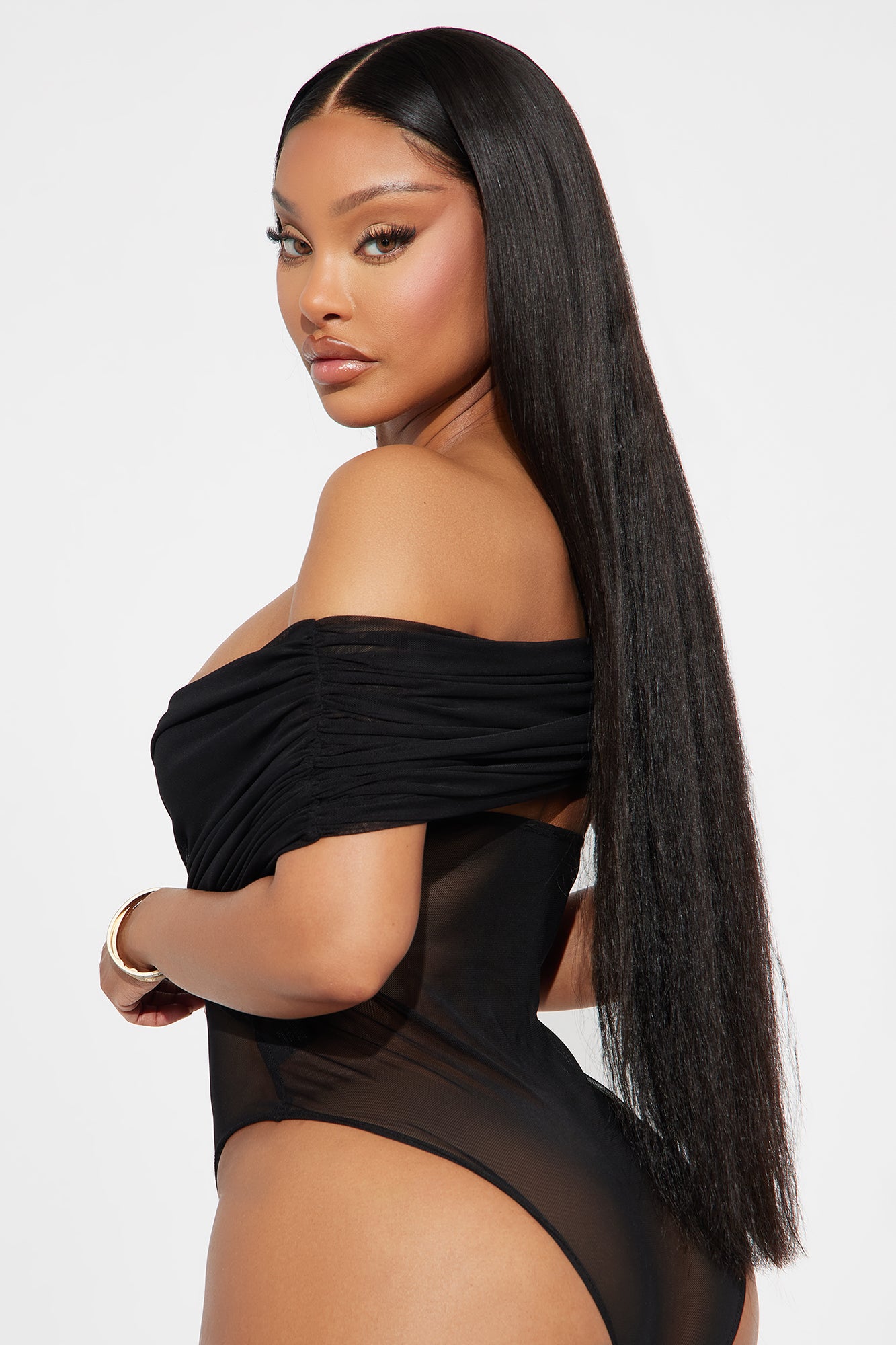 Captivating Ruched Off Shoulder Bodysuit - Black - Image 4