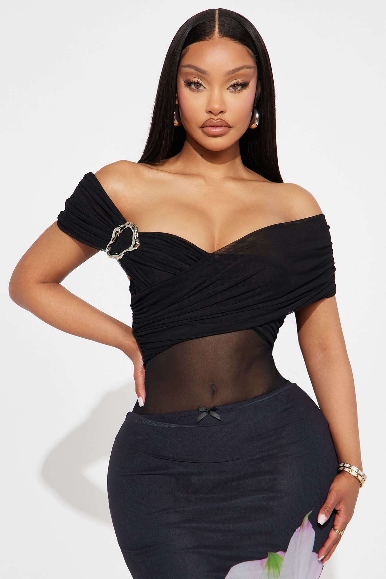 Captivating Ruched Off Shoulder Bodysuit - Black - Image 3