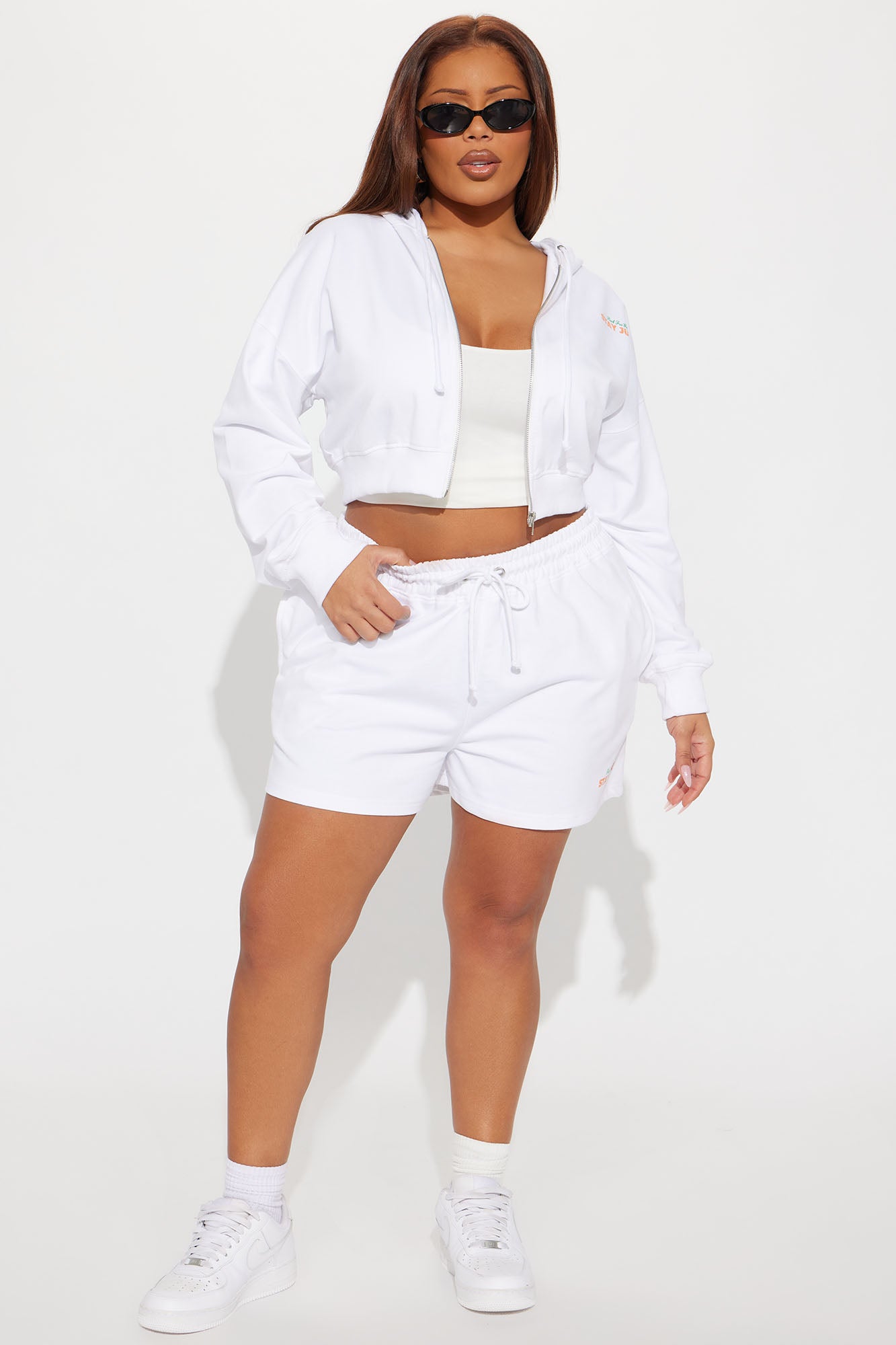 Stay Juicy French Terry Hoodie Zip Up Short Set - White/combo - Image 7