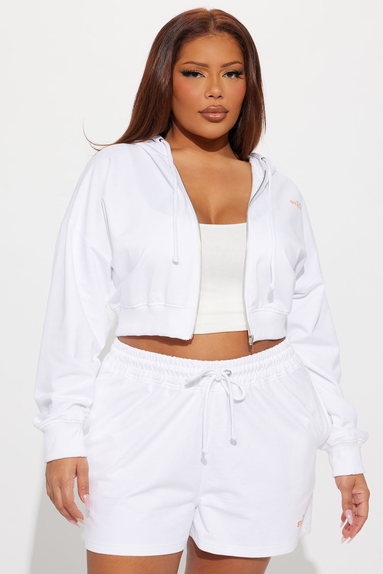 Stay Juicy French Terry Hoodie Zip Up Short Set - White/combo - Image 6