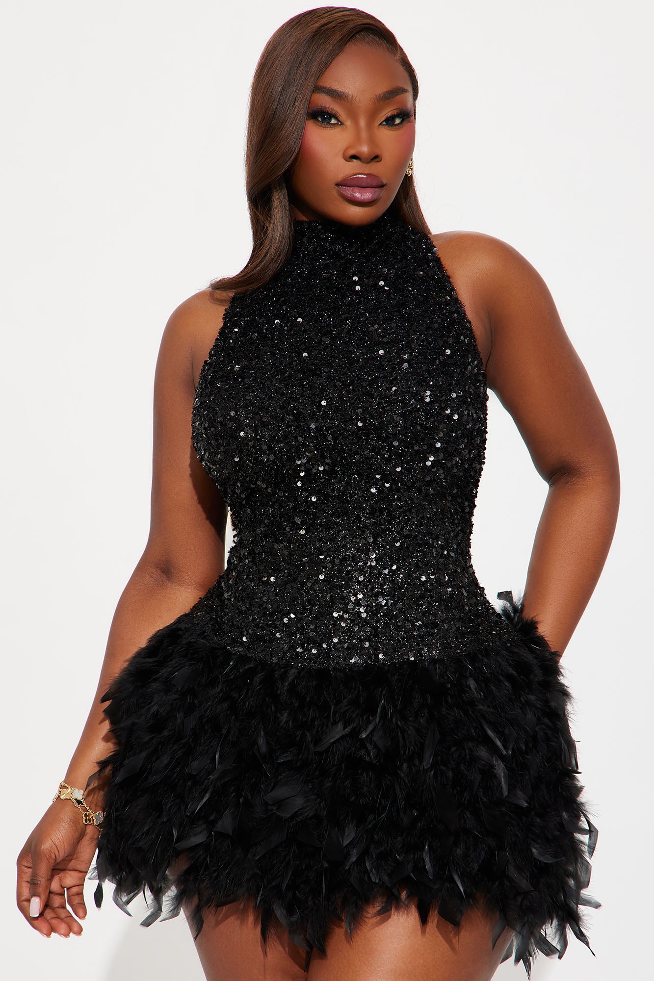 Zoey Feathered Sequin High Neck Mini Dress - Black - Image 4