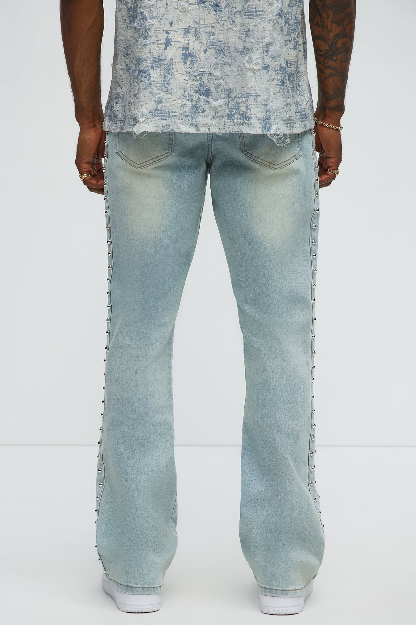 Stacked Slim Flare Stud On The Side Jeans - Light Wash - Image 3