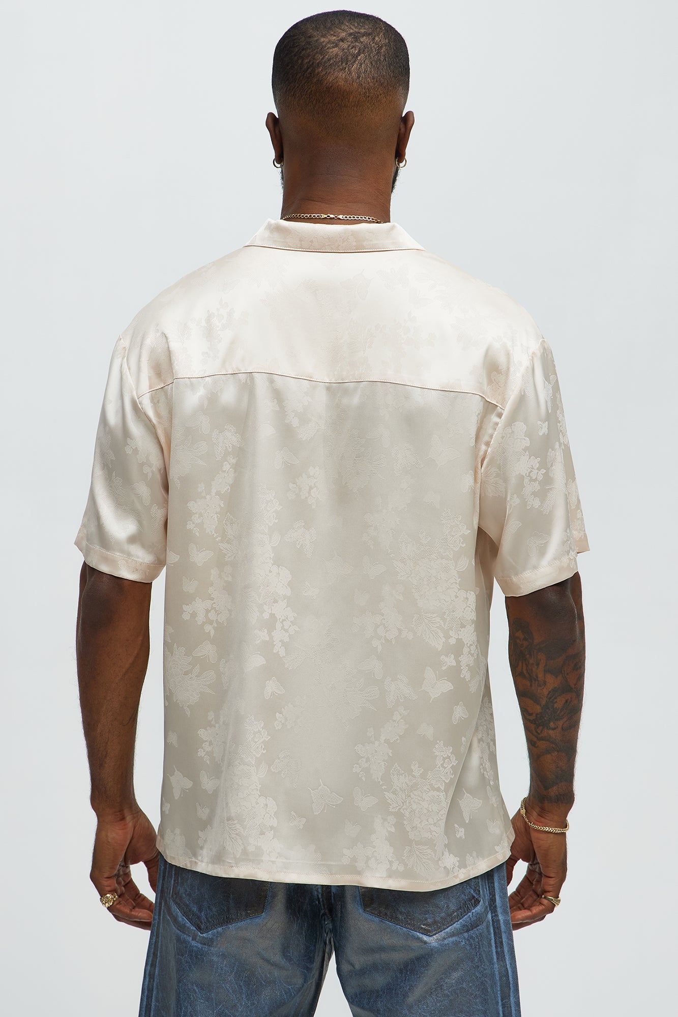 Satin Butterflies Short Sleeve Button Up Shirt - Ivory - Image 4