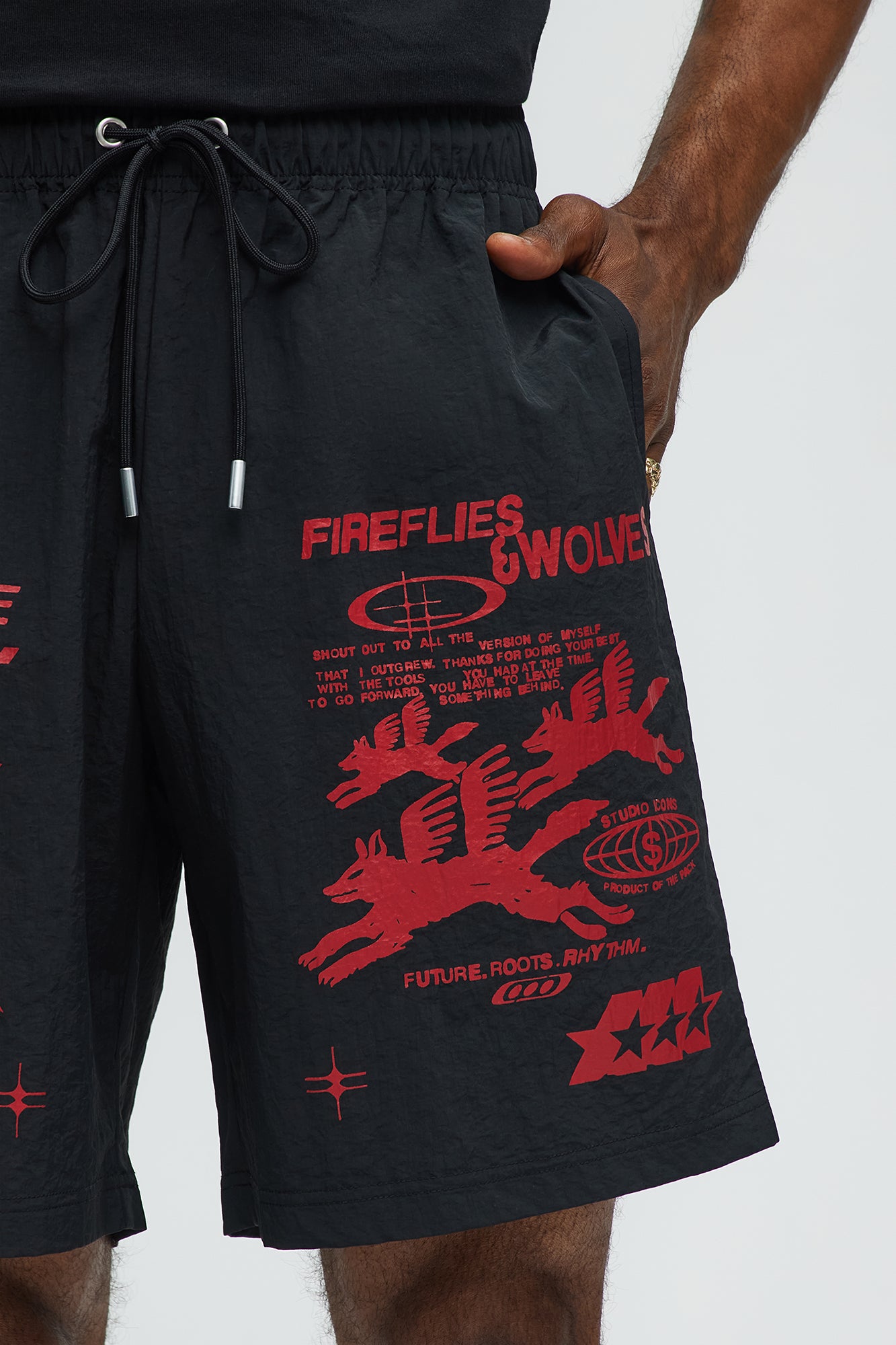 Fireflies And Wolves Graphic Relaxed Shorts - Black/combo - Image 3