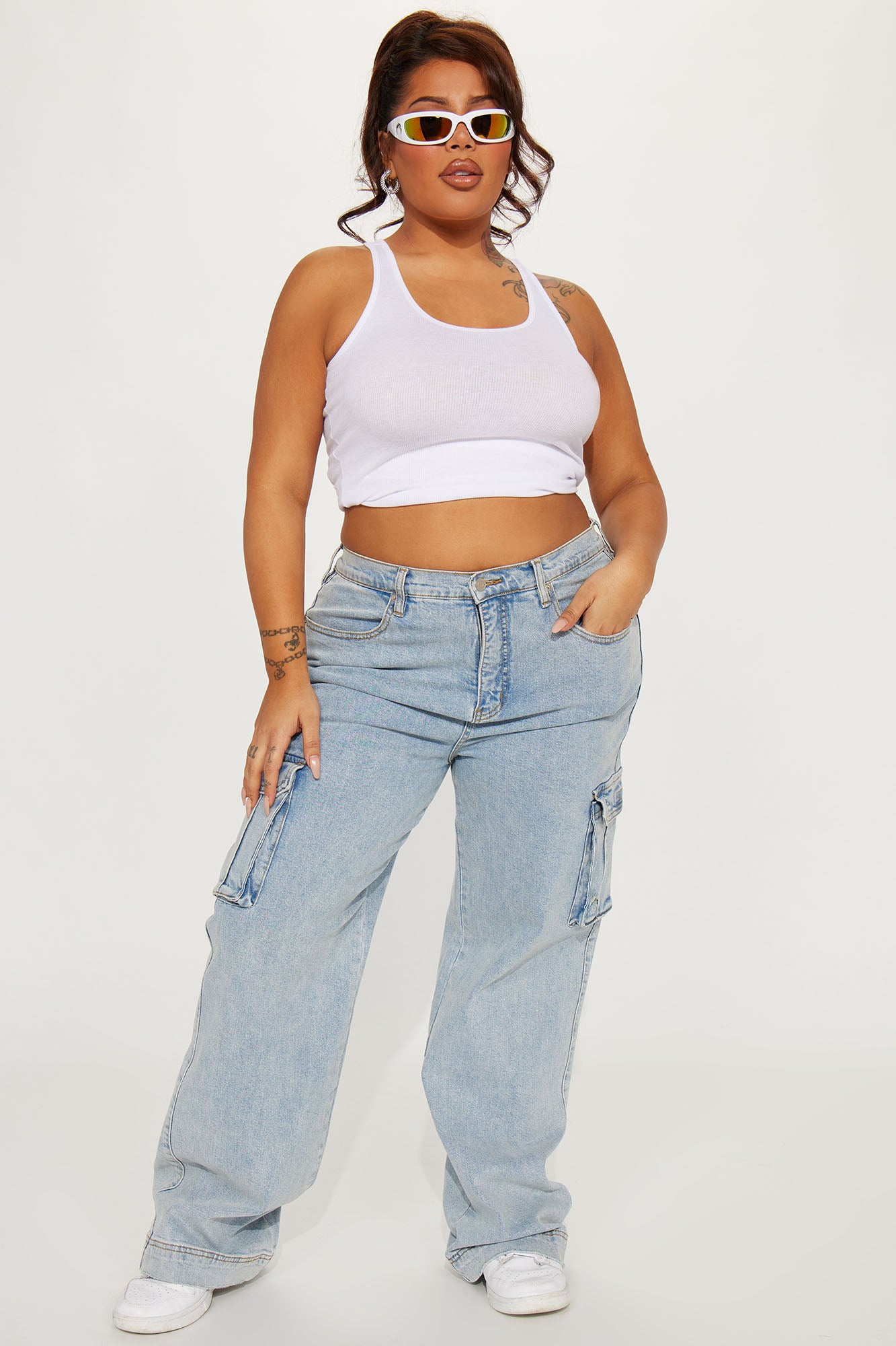 Just A Fling Stretch Straight Leg Cargo Jean - Light Wash - Image 4