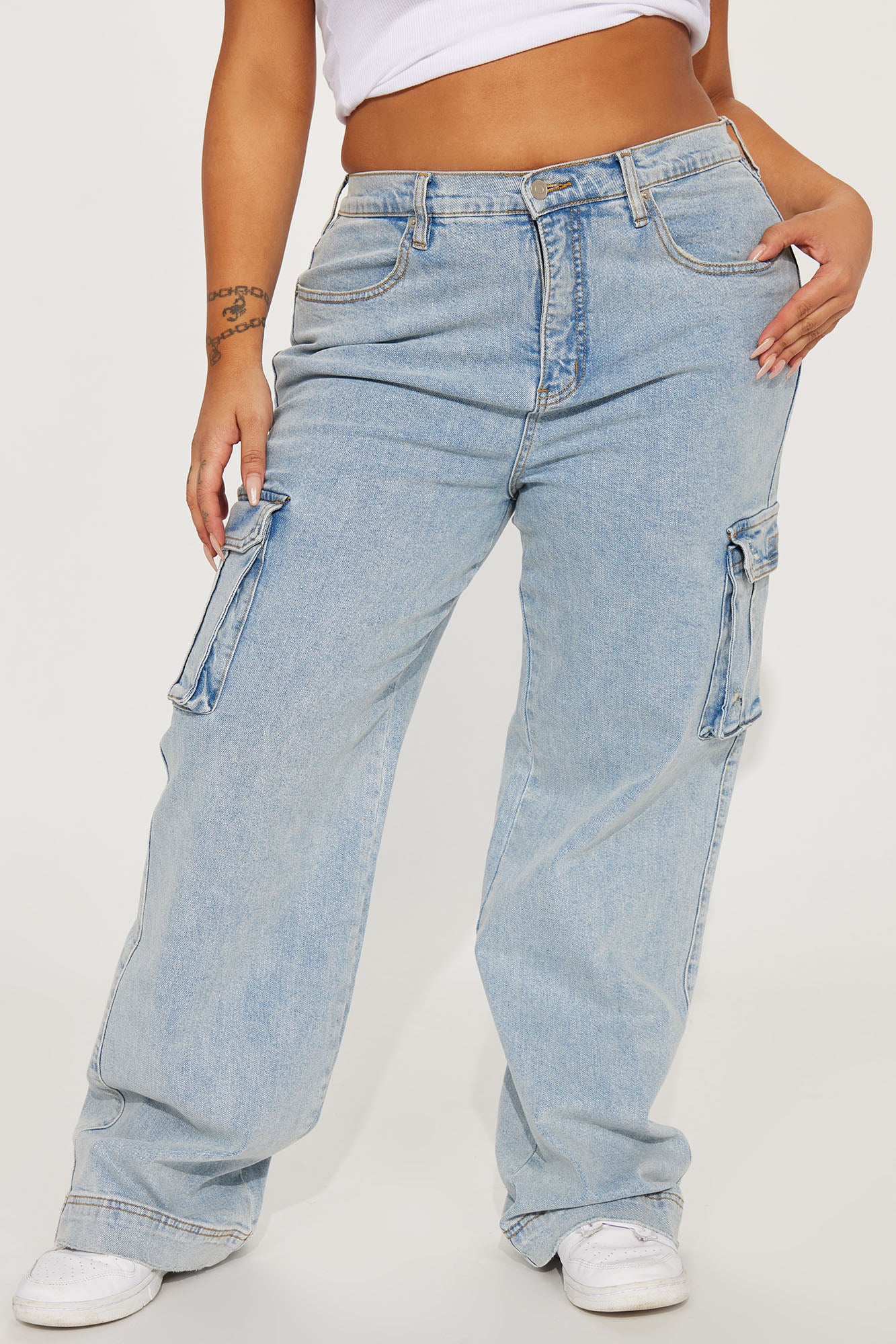 Just A Fling Stretch Straight Leg Cargo Jean - Light Wash - Image 5