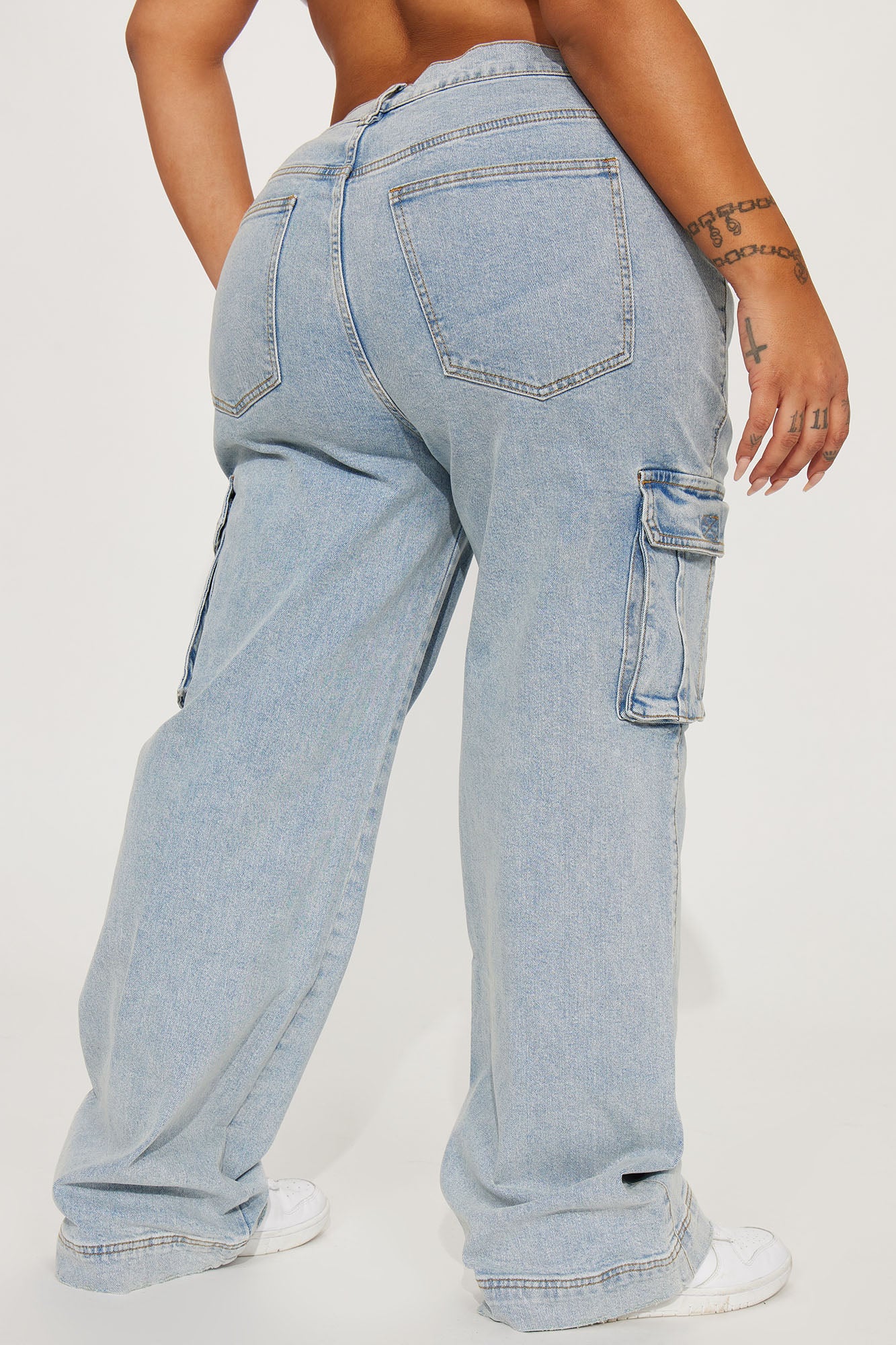Just A Fling Stretch Straight Leg Cargo Jean - Light Wash - Image 6