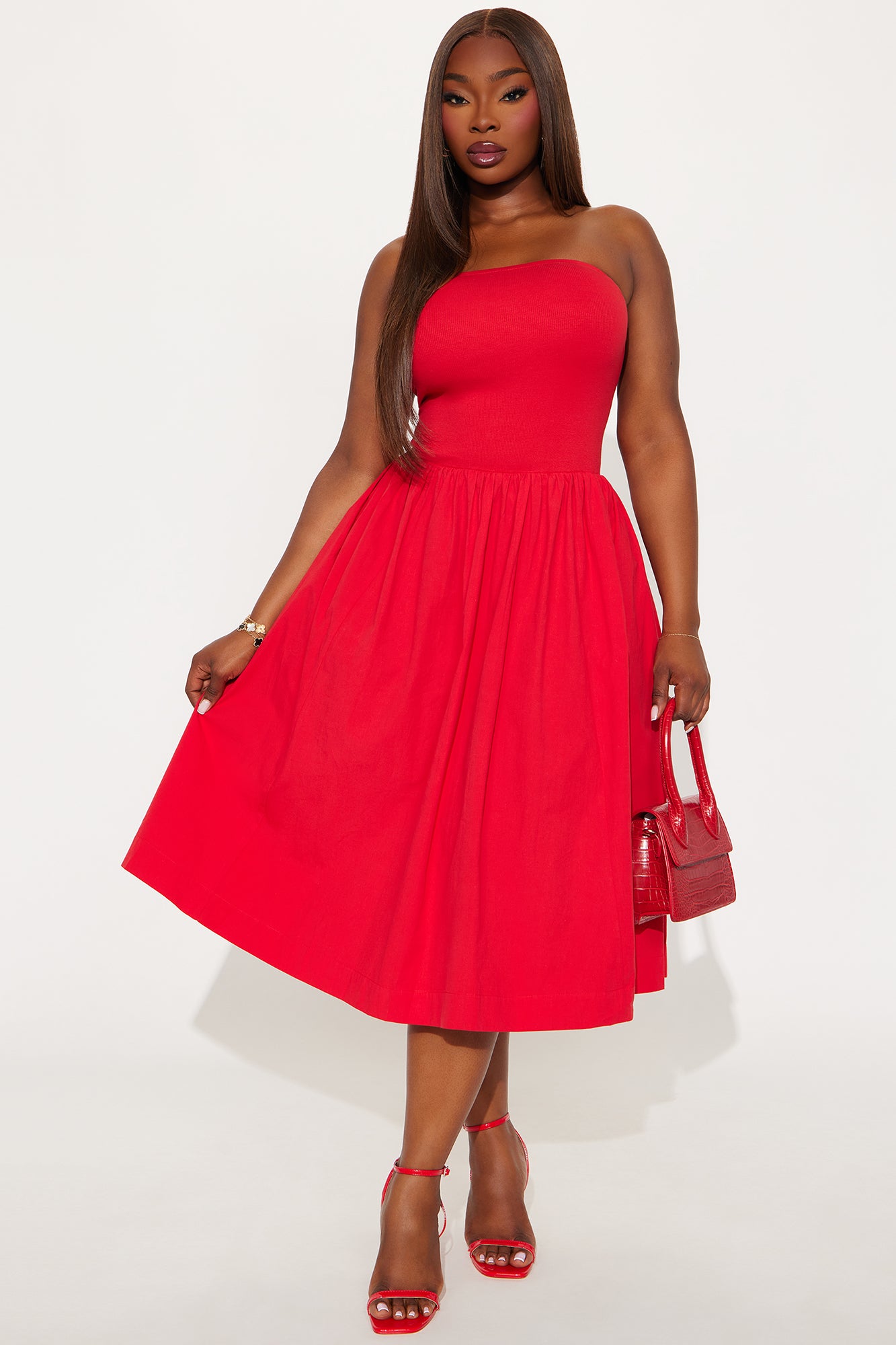 Lula Poplin Strapless Midi Dress - Tomato Red - Image 4