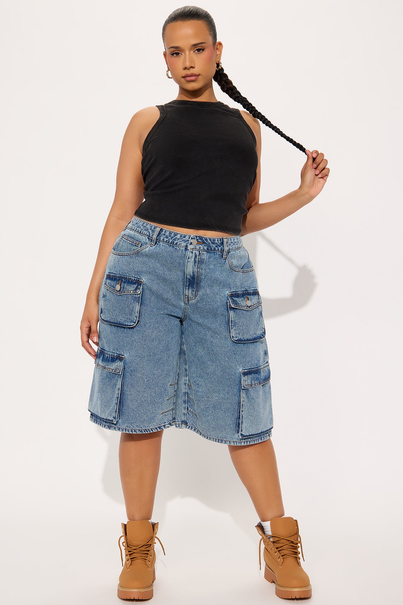 Frankie Acid Wash Cargo Denim Jorts - Medium Wash - Image 4