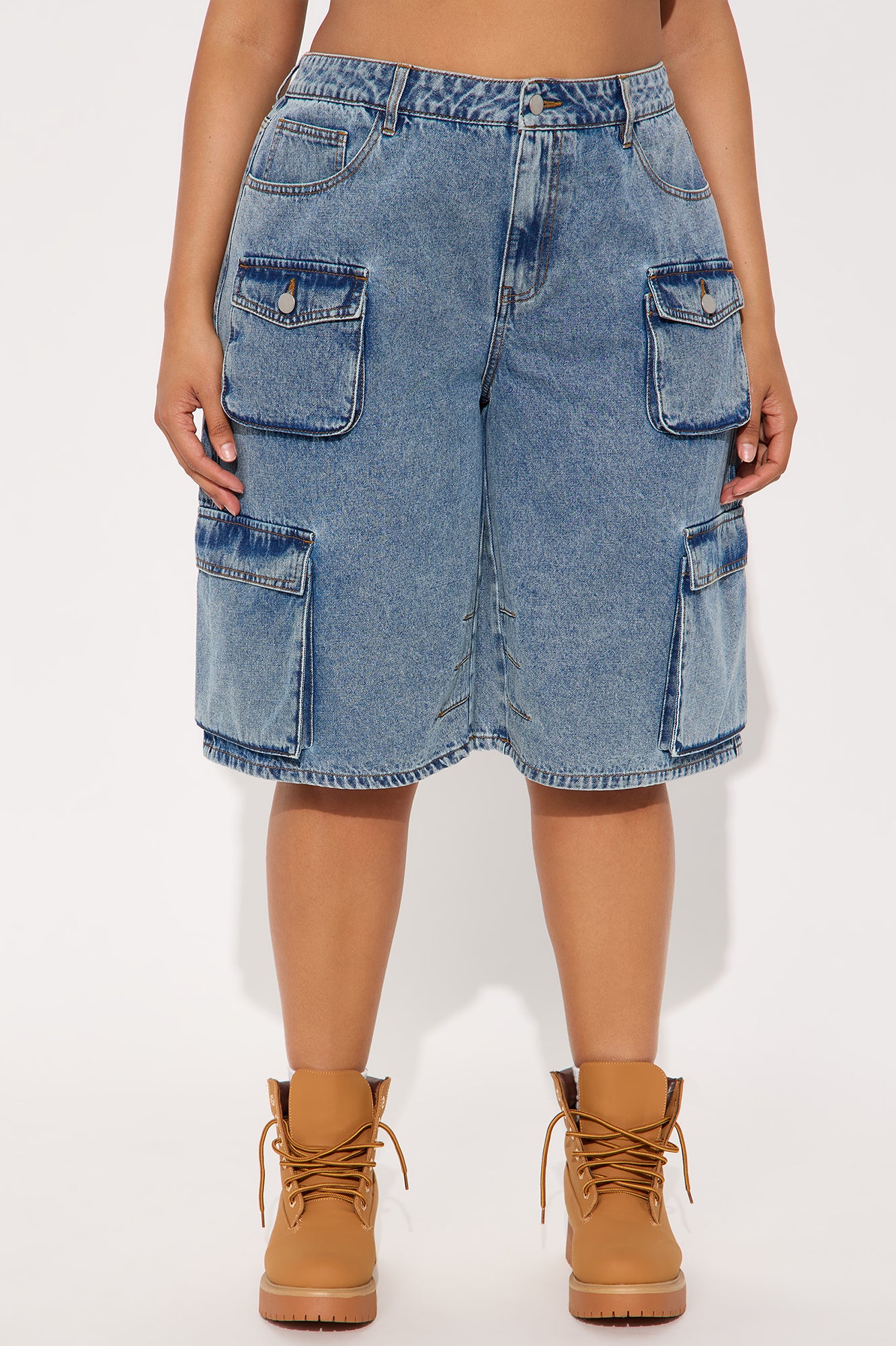 Frankie Acid Wash Cargo Denim Jorts - Medium Wash - Image 5