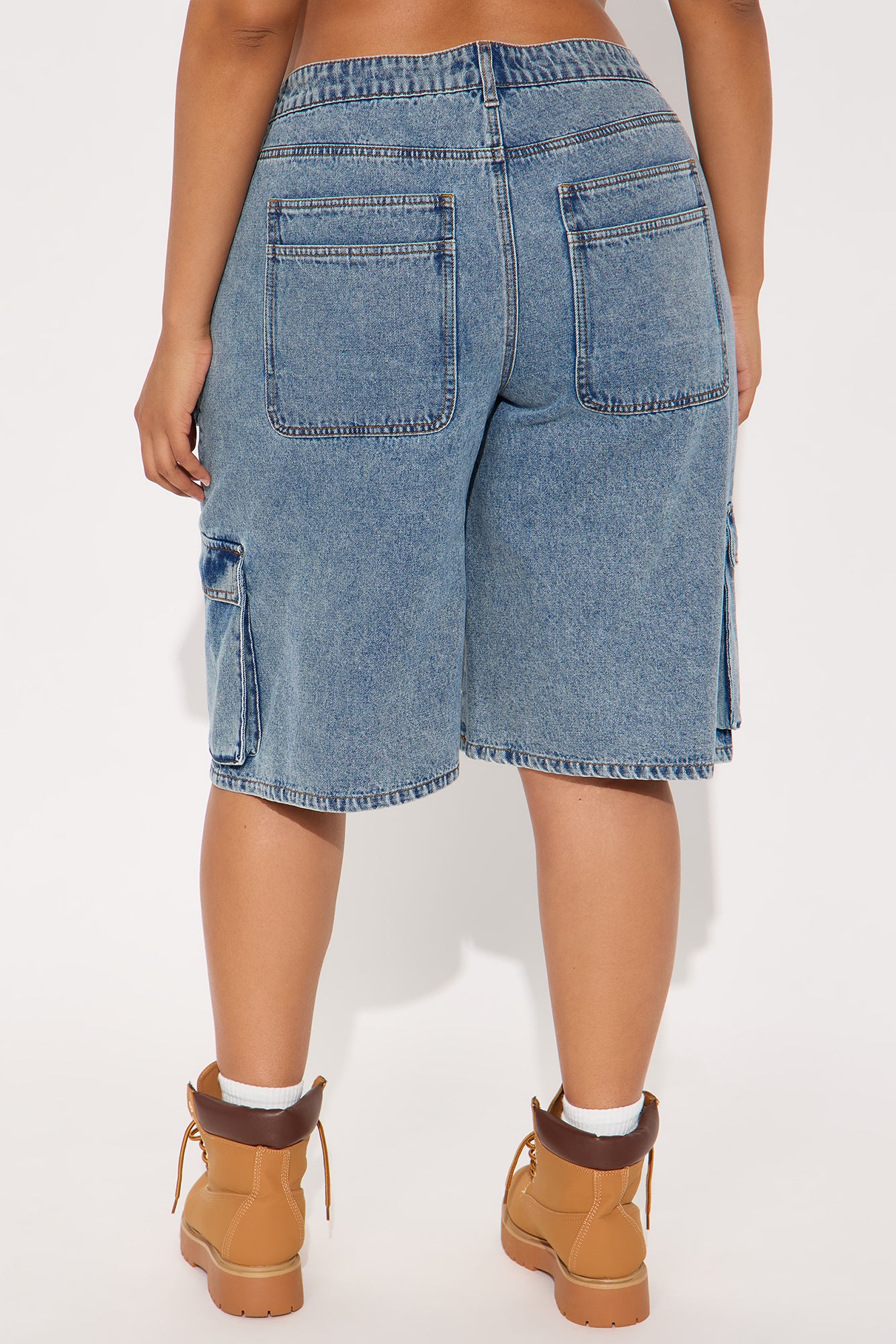 Frankie Acid Wash Cargo Denim Jorts - Medium Wash - Image 6