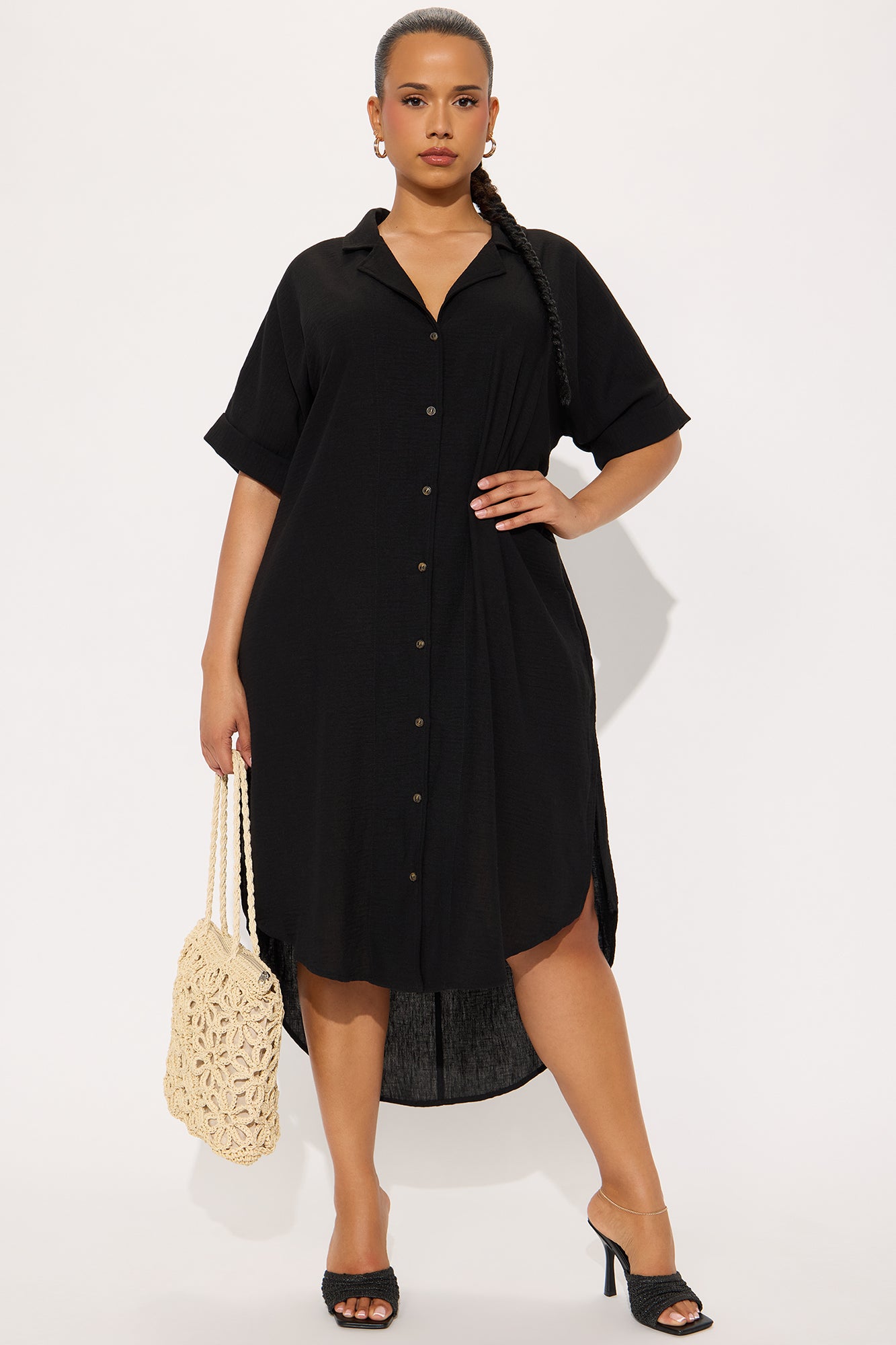 Casual Stroll Gauze Shirt Midi Dress - Black - Image 4