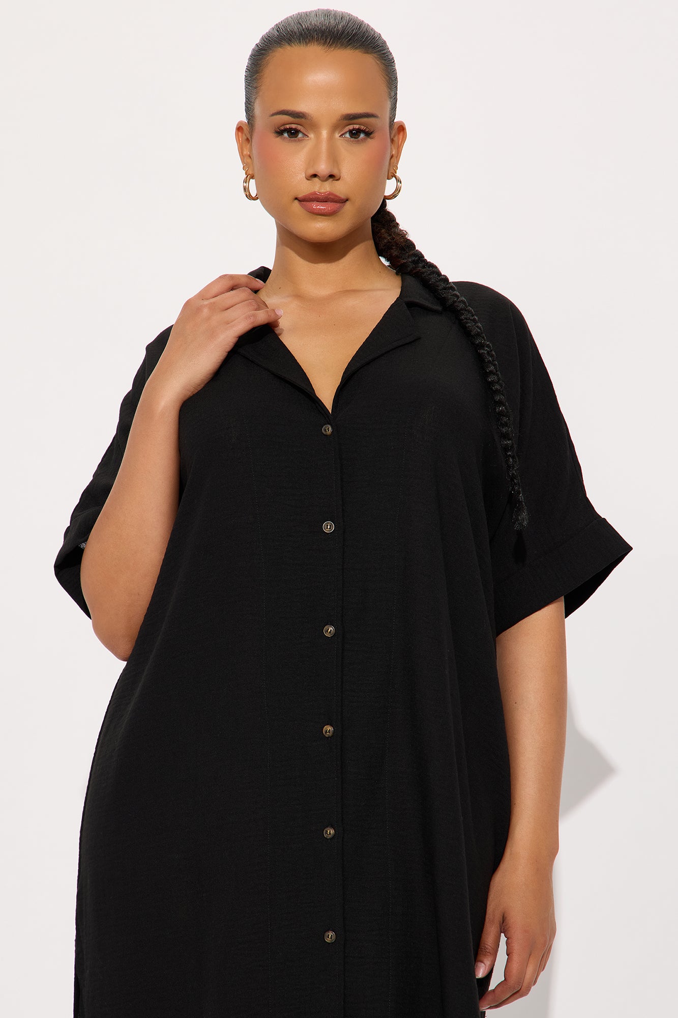 Casual Stroll Gauze Shirt Midi Dress - Black - Image 5