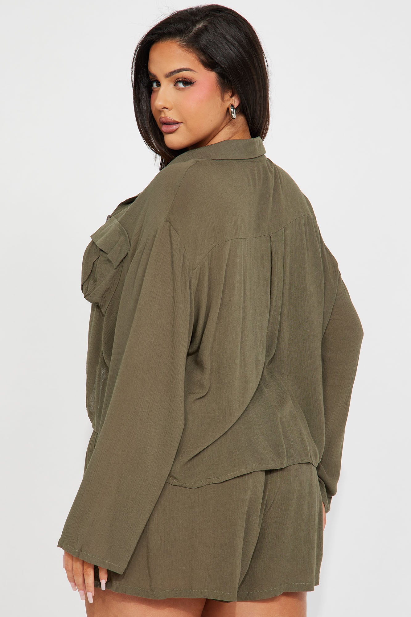 Breezy Paradise Linen Pocket Cover Up Shorts Set - Olive - Image 6