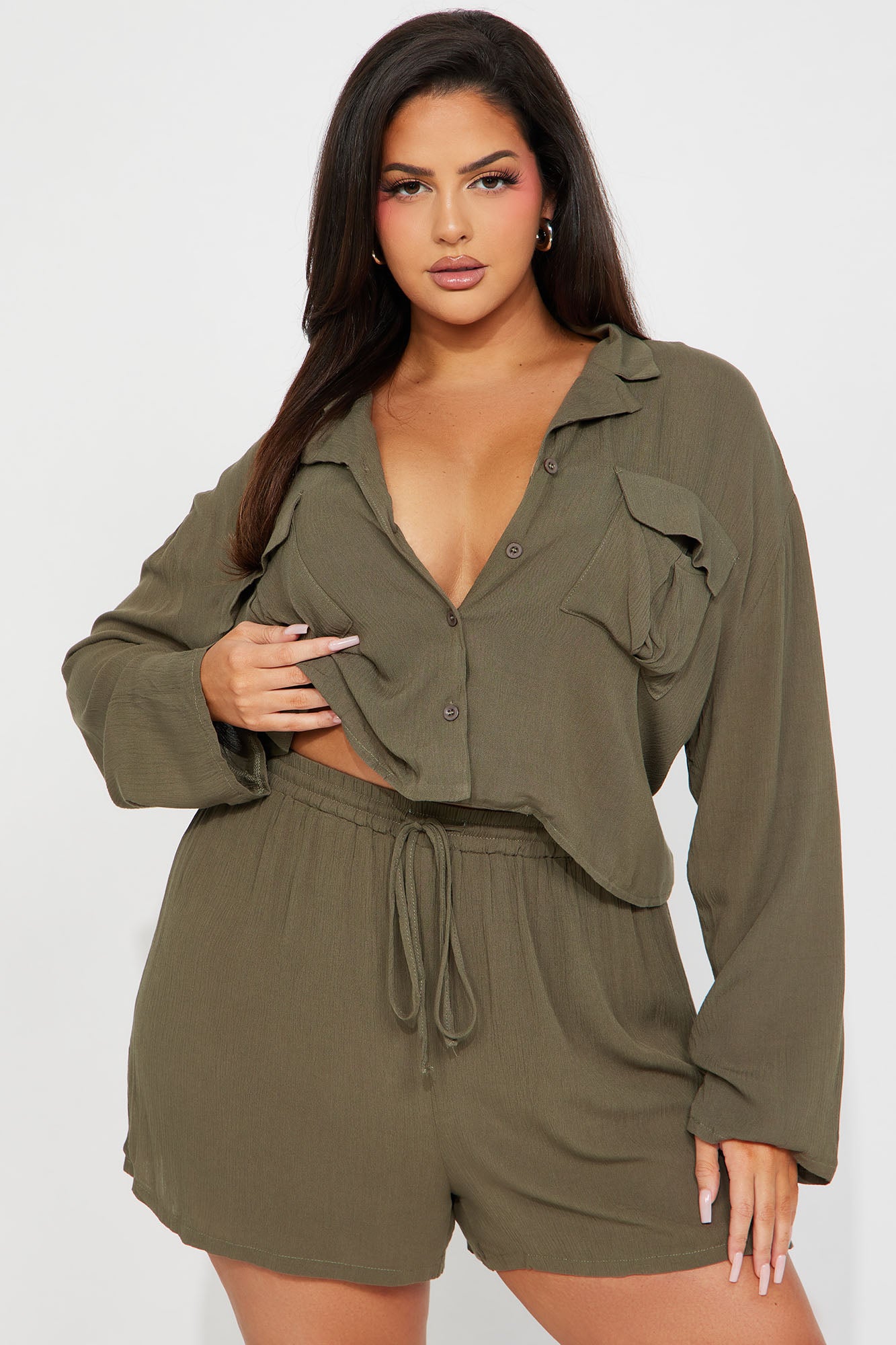 Breezy Paradise Linen Pocket Cover Up Shorts Set - Olive - Image 5