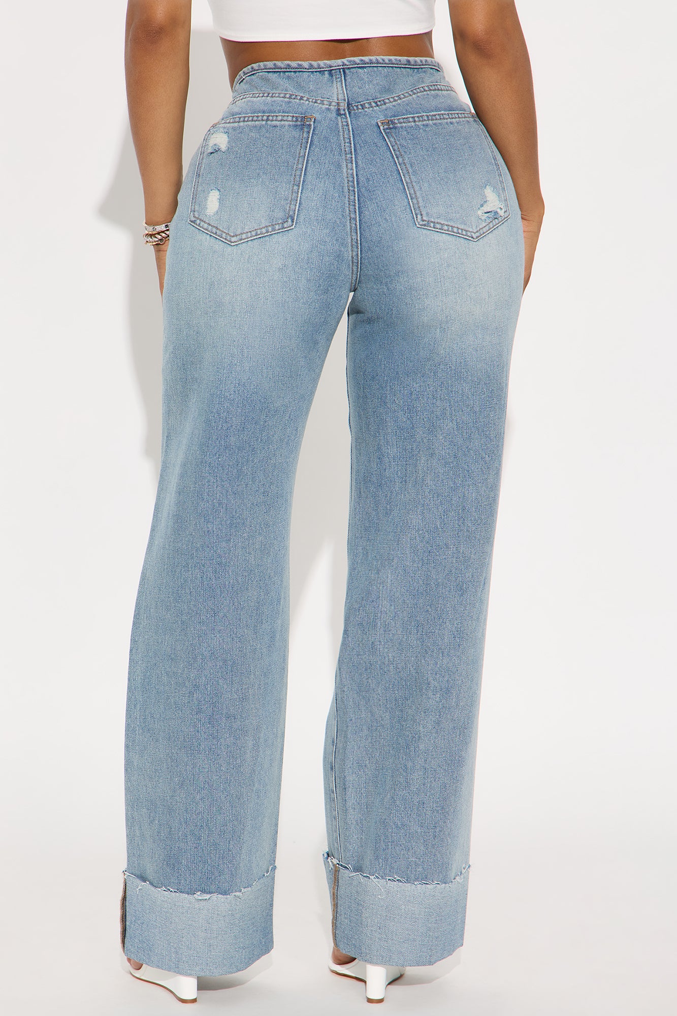 Model Status Destructed Cuffed Wide Leg Jeans - Light Wash - Image 3