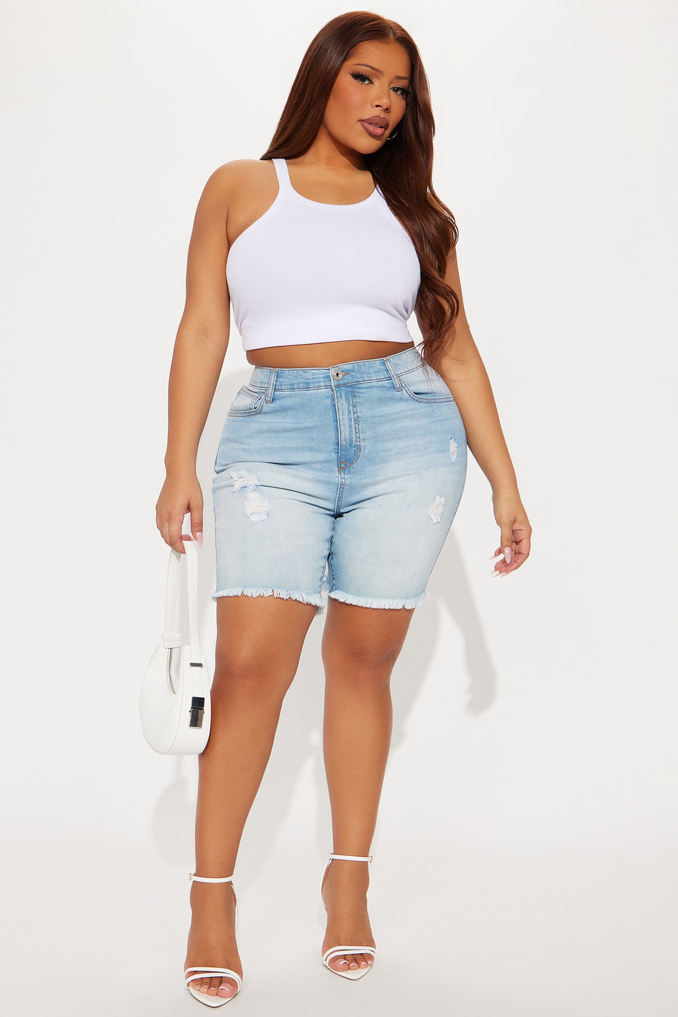 Adrian Mid Rise Distressed Denim Bermudas - Light Blue Wash - Image 5