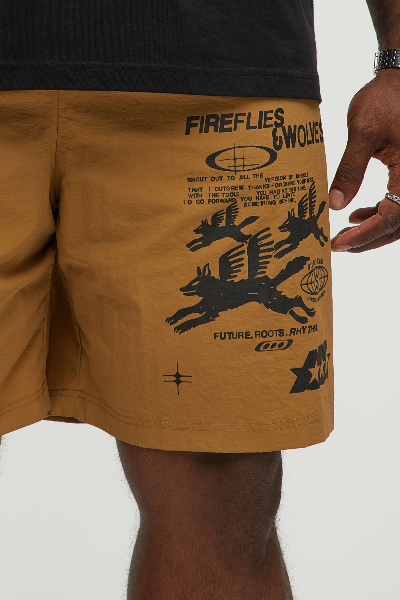 Fireflies And Wolves Graphic Relaxed Shorts - Brown Combo - Image 4