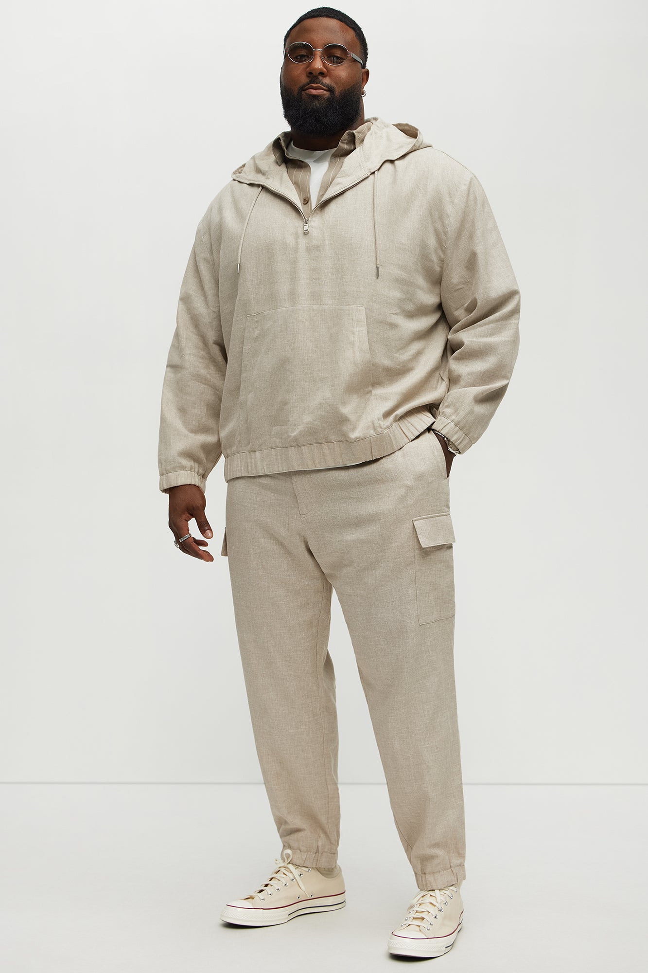 Bahamas Linen Relaxed Quarter Zip Hoodie - Stone - Image 5