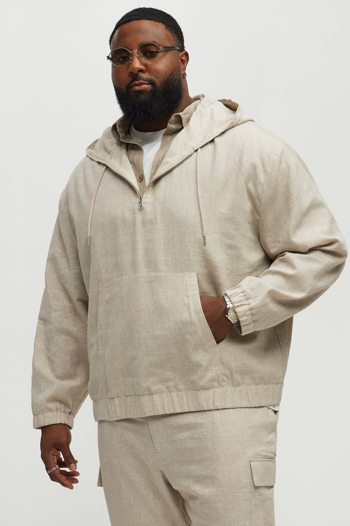 Bahamas Linen Relaxed Quarter Zip Hoodie - Stone - Image 4