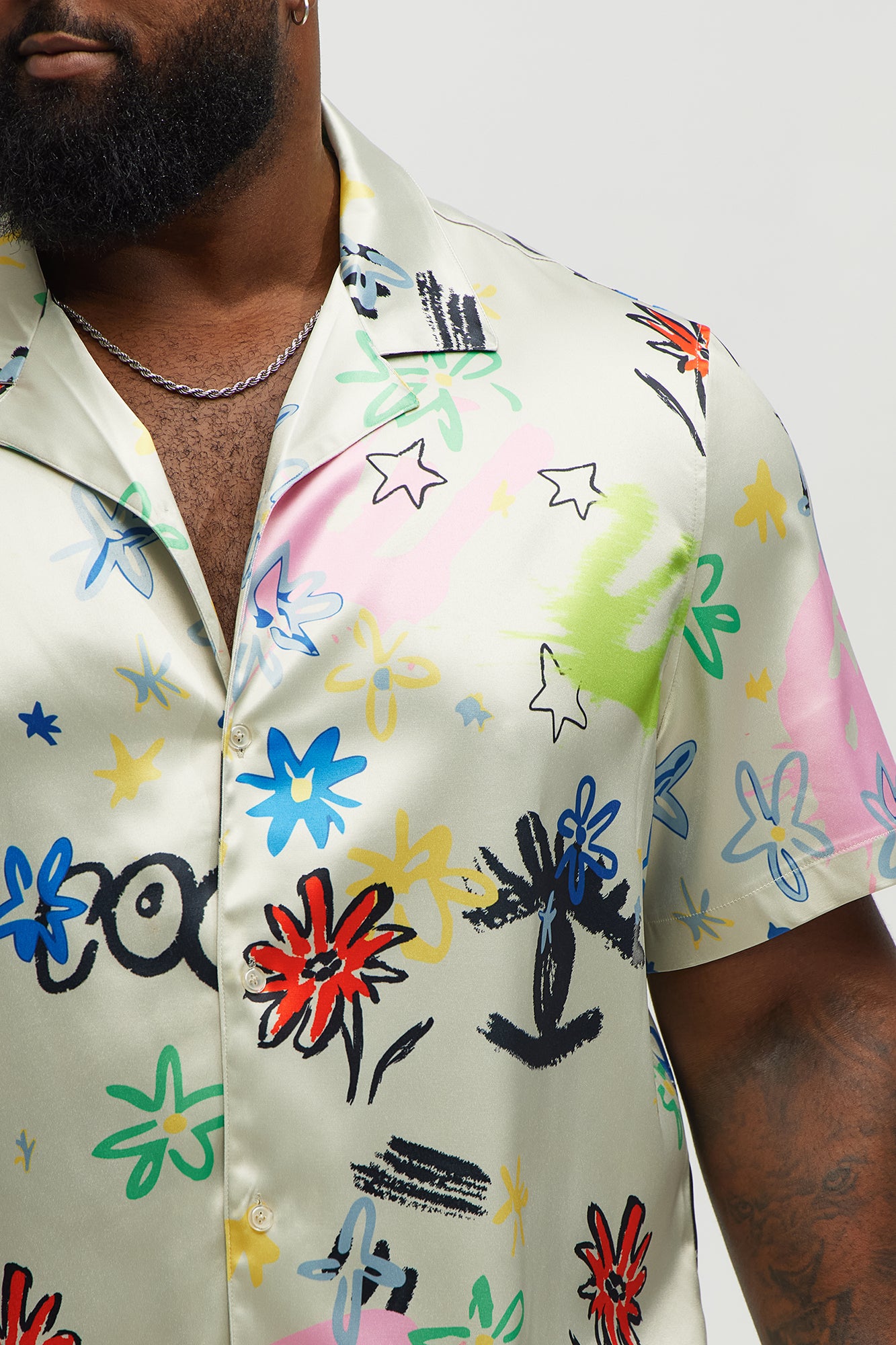 Graffiti Bloom Cuban Collar Button Up Shirt - Multi Color - Image 7