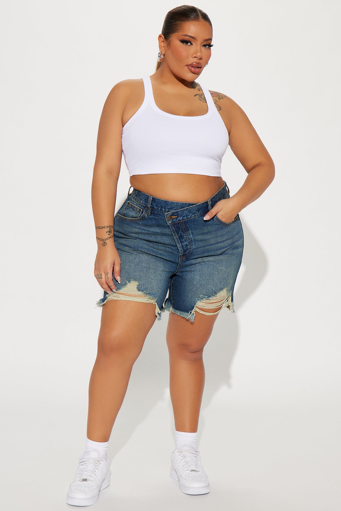 At A Glance Crossover Denim Shorts - Dark Wash - Image 4