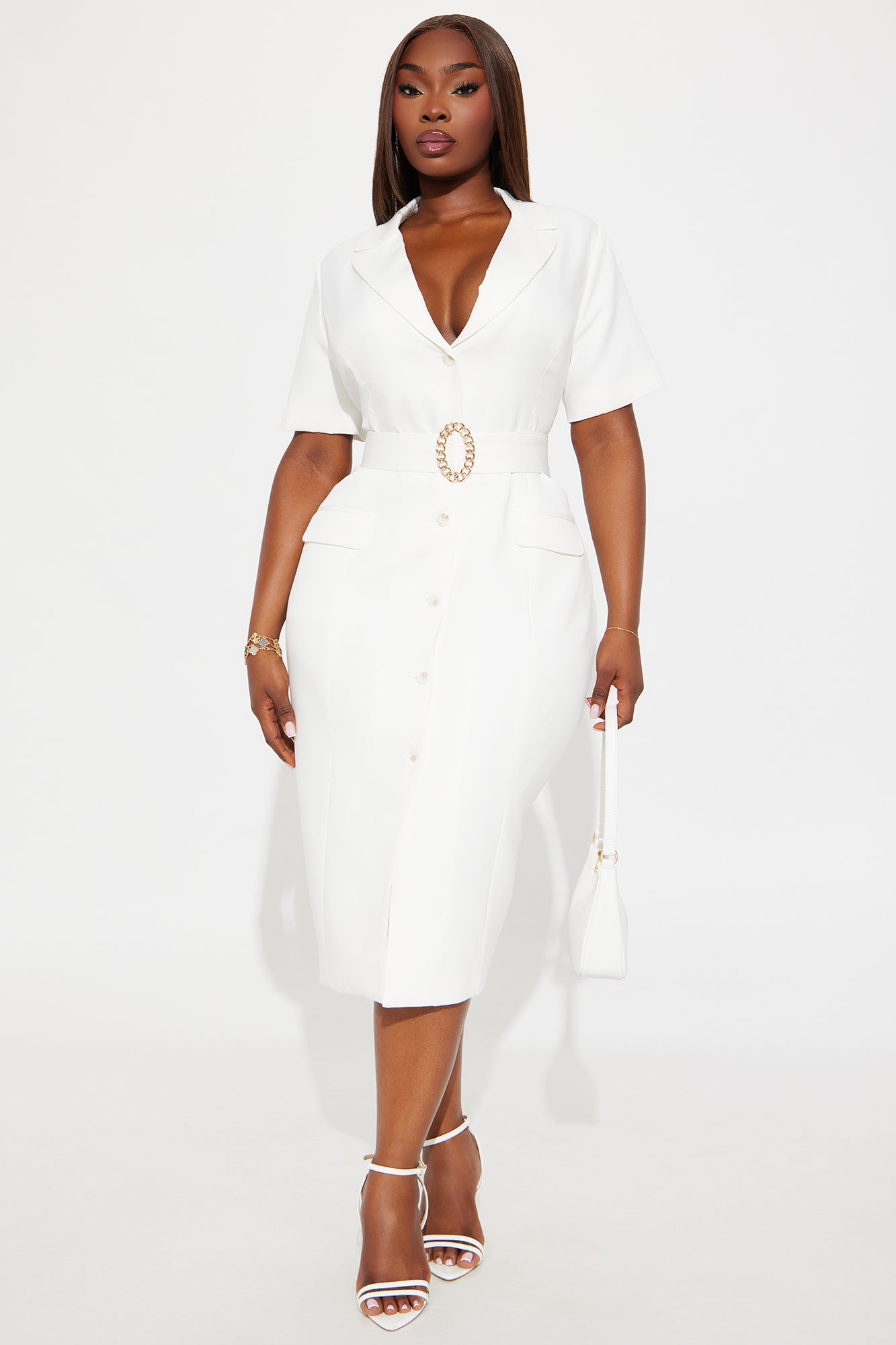 Ethel Belted Shirt Midi Dress - White - Image 4