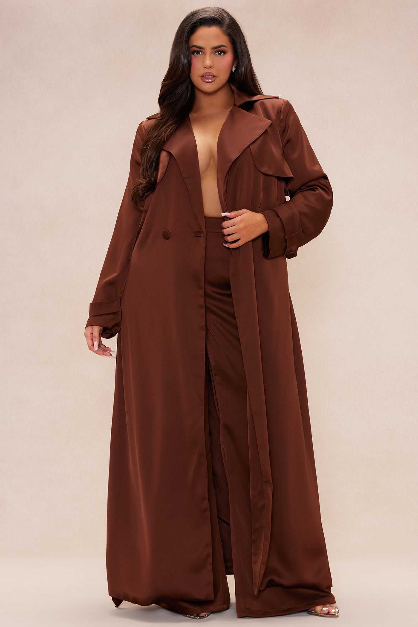 Gabriella Satin Trench Coat And Pant Set - Chocolate - Image 9