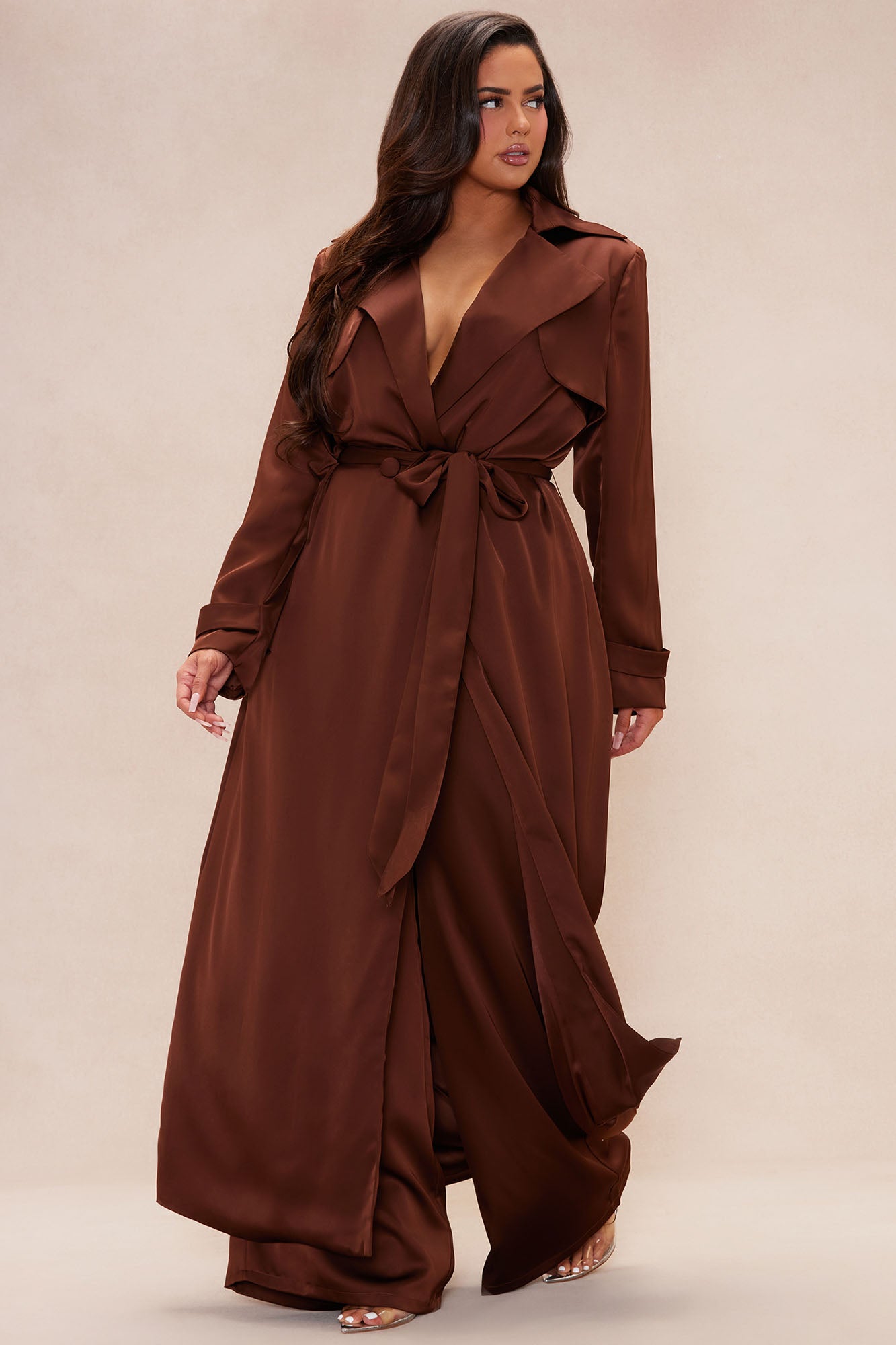 Gabriella Satin Trench Coat And Pant Set - Chocolate - Image 6