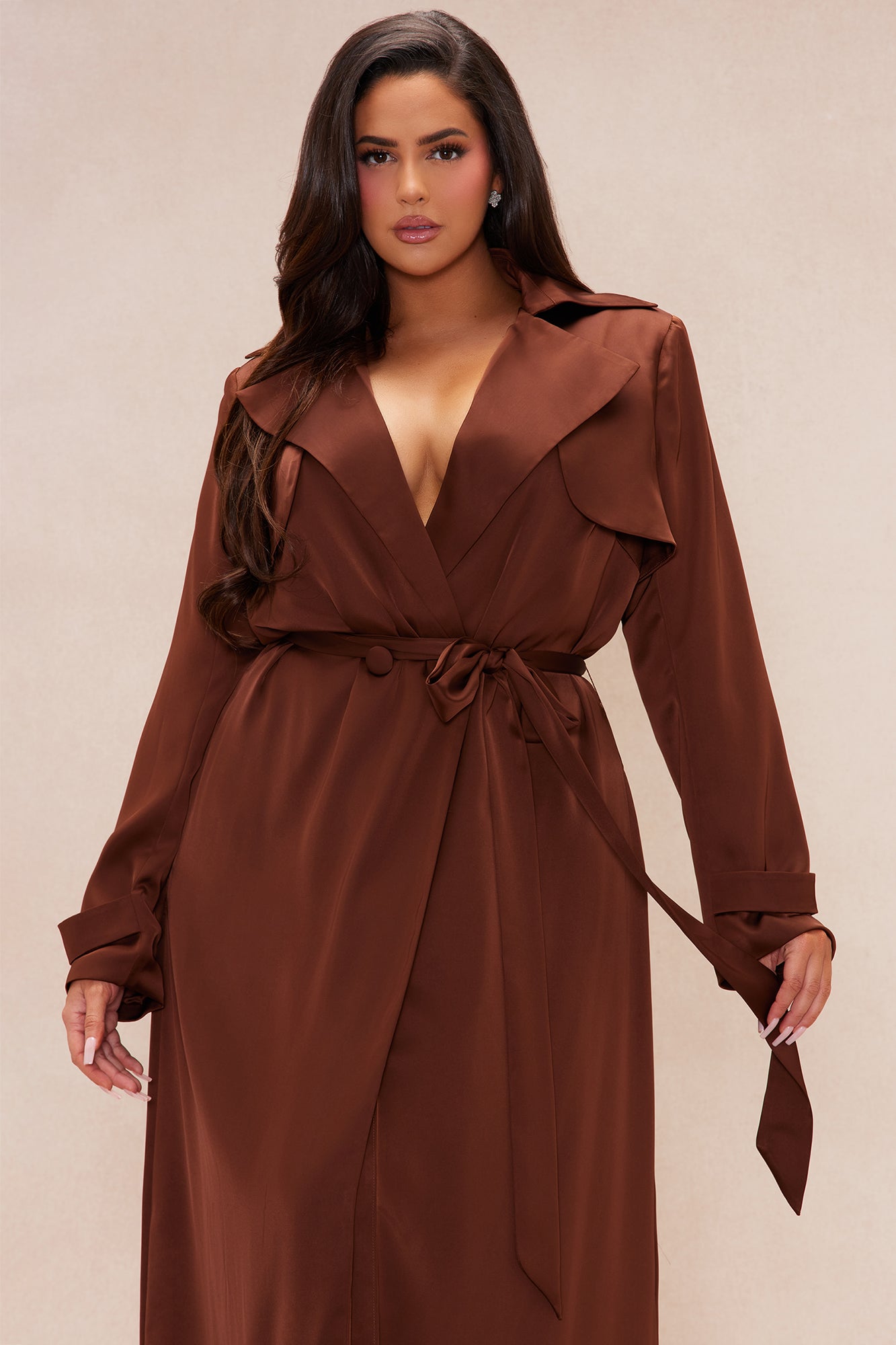 Gabriella Satin Trench Coat And Pant Set - Chocolate - Image 7