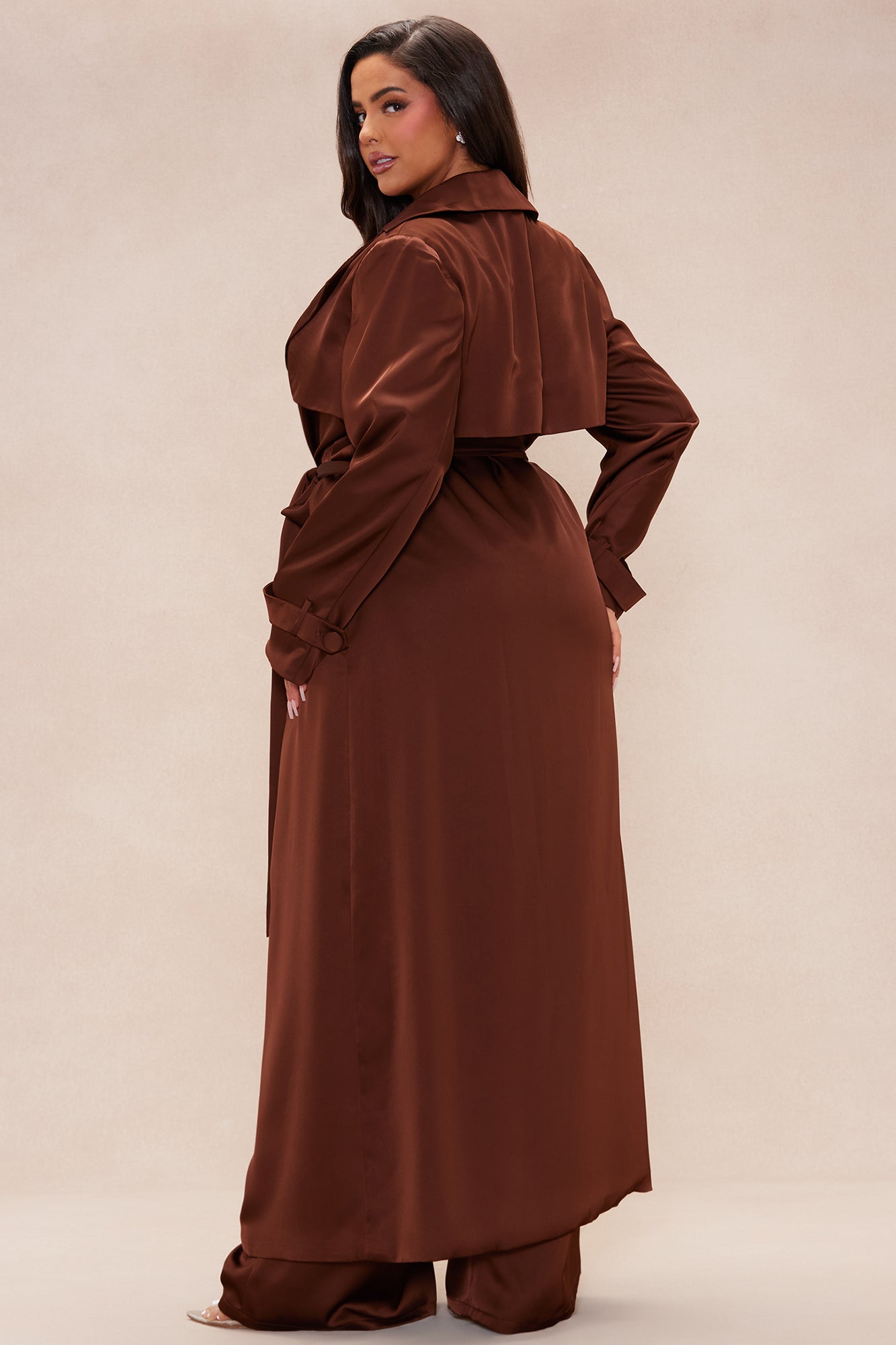 Gabriella Satin Trench Coat And Pant Set - Chocolate - Image 10