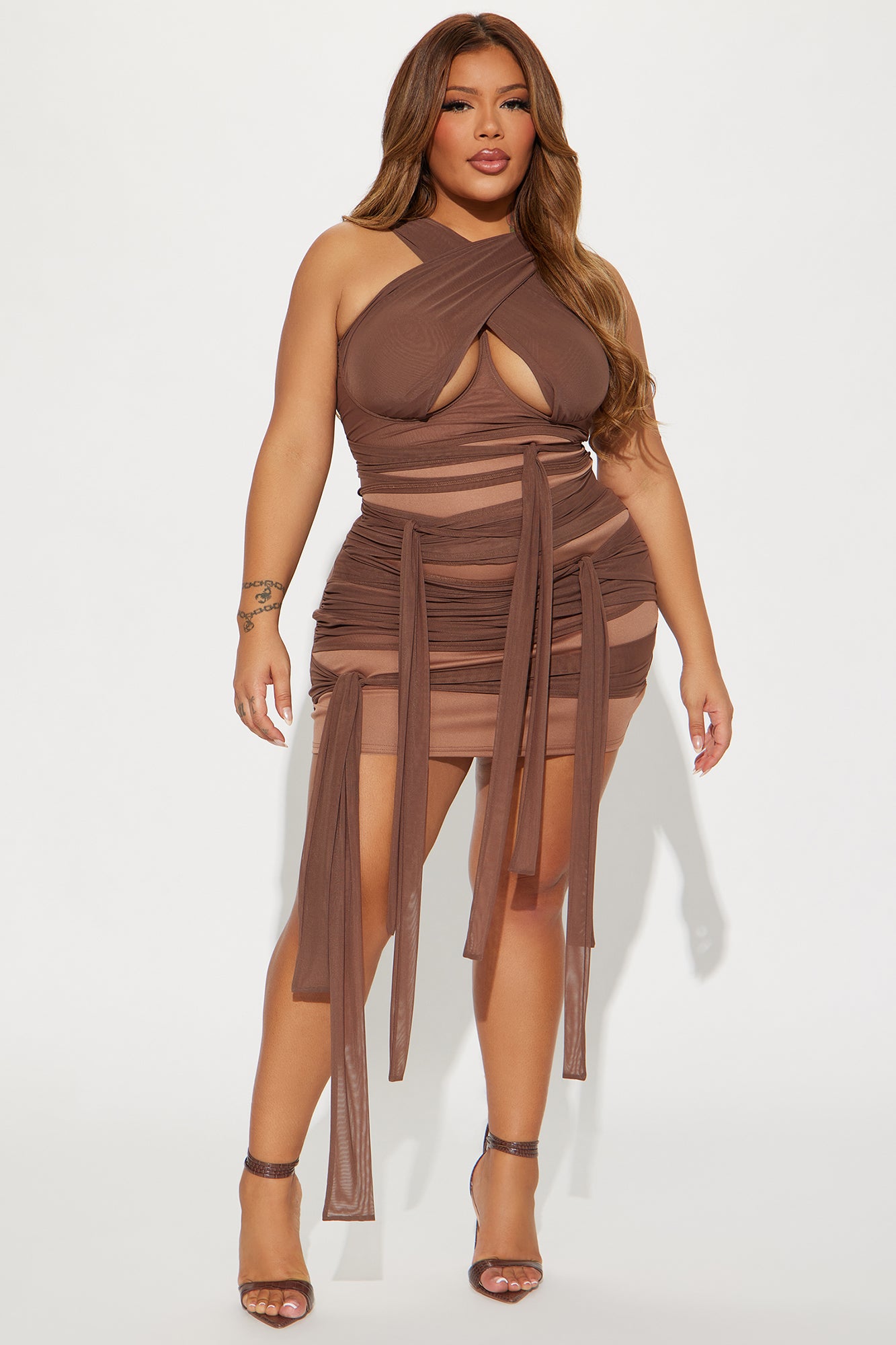 Tied To You Mesh Micro Mini Dress - Brown - Image 5
