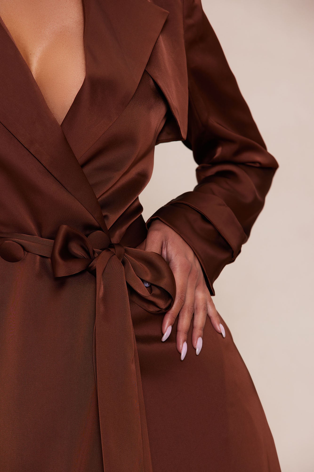 Gabriella Satin Trench Coat And Pant Set - Chocolate - Image 4