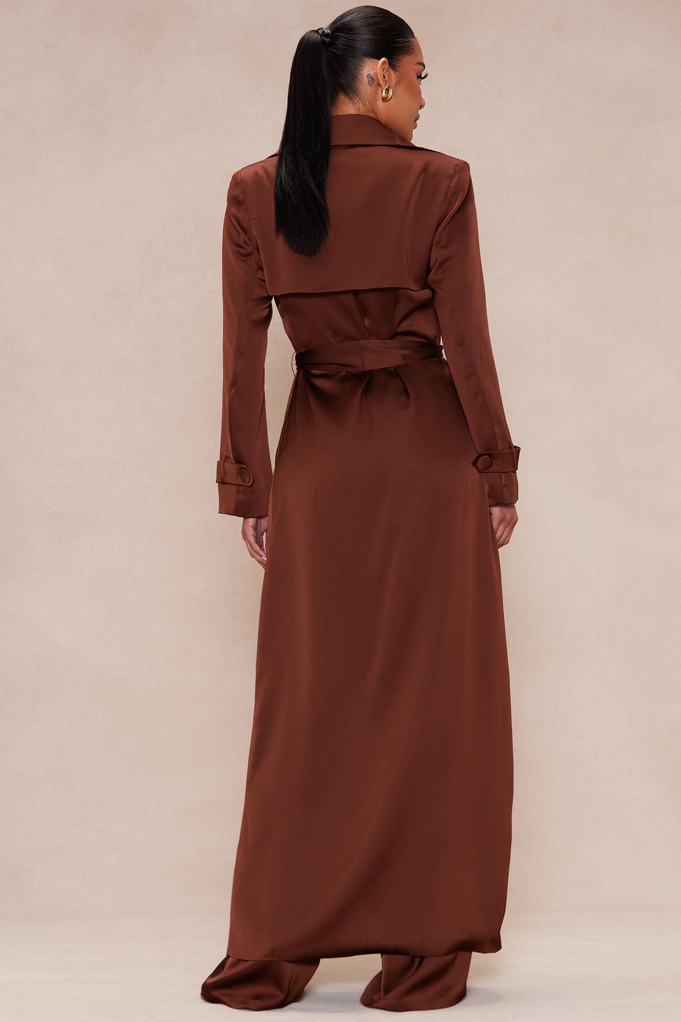 Gabriella Satin Trench Coat And Pant Set - Chocolate - Image 5