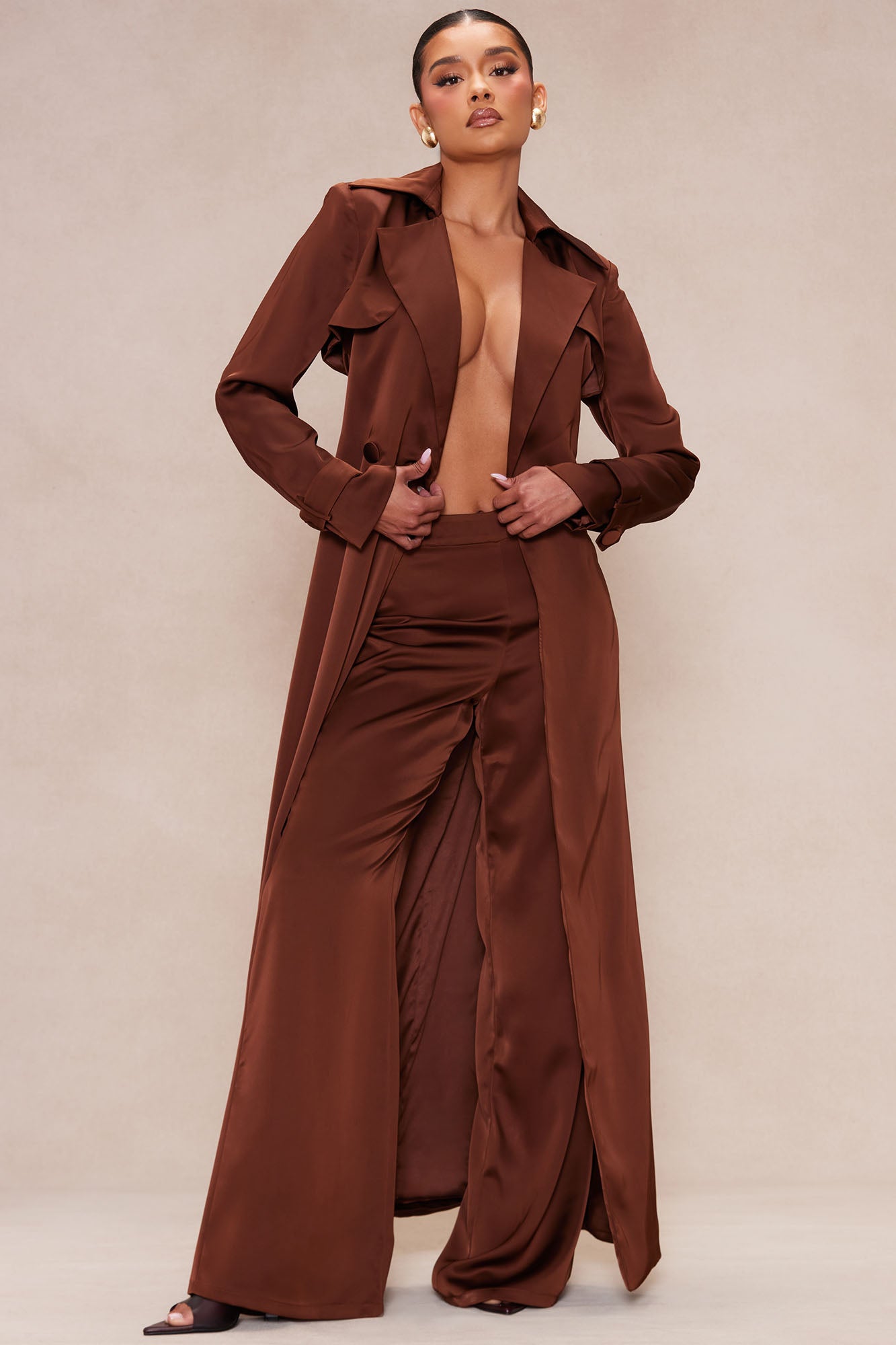 Gabriella Satin Trench Coat And Pant Set - Chocolate - Image 3