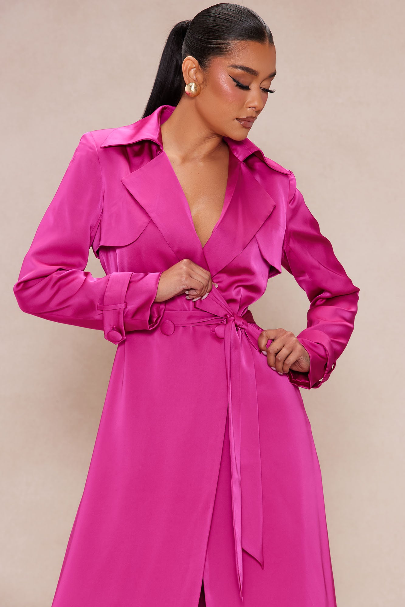 Gabriella Satin Trench Coat And Pant Set - Hot Pink - Image 3