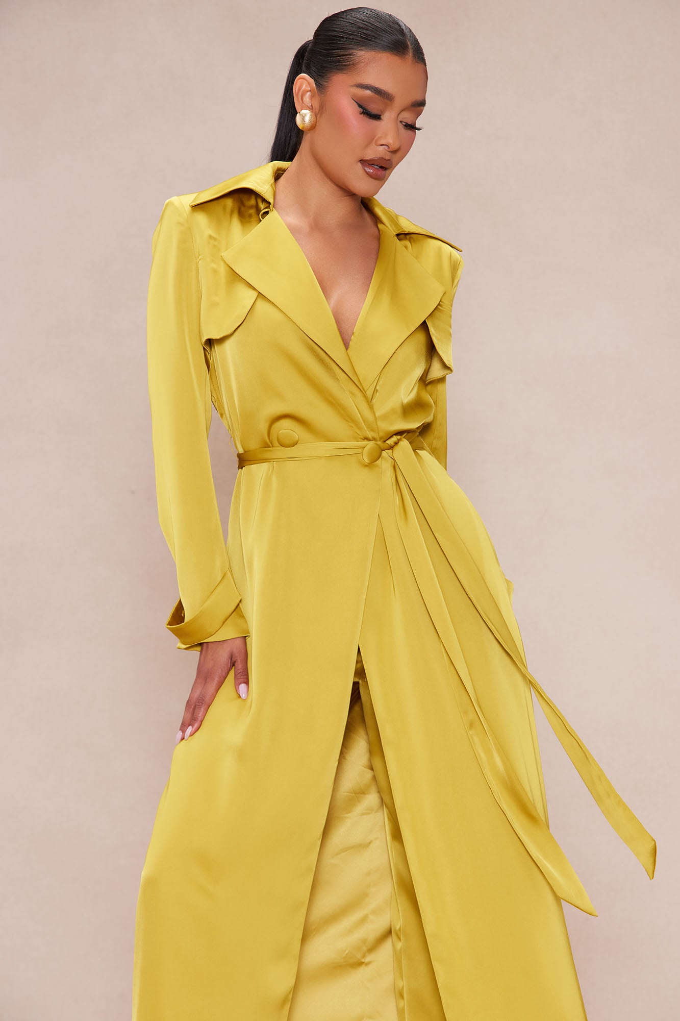 Gabriella Satin Trench Coat And Pant Set - Chartreuse - Image 3