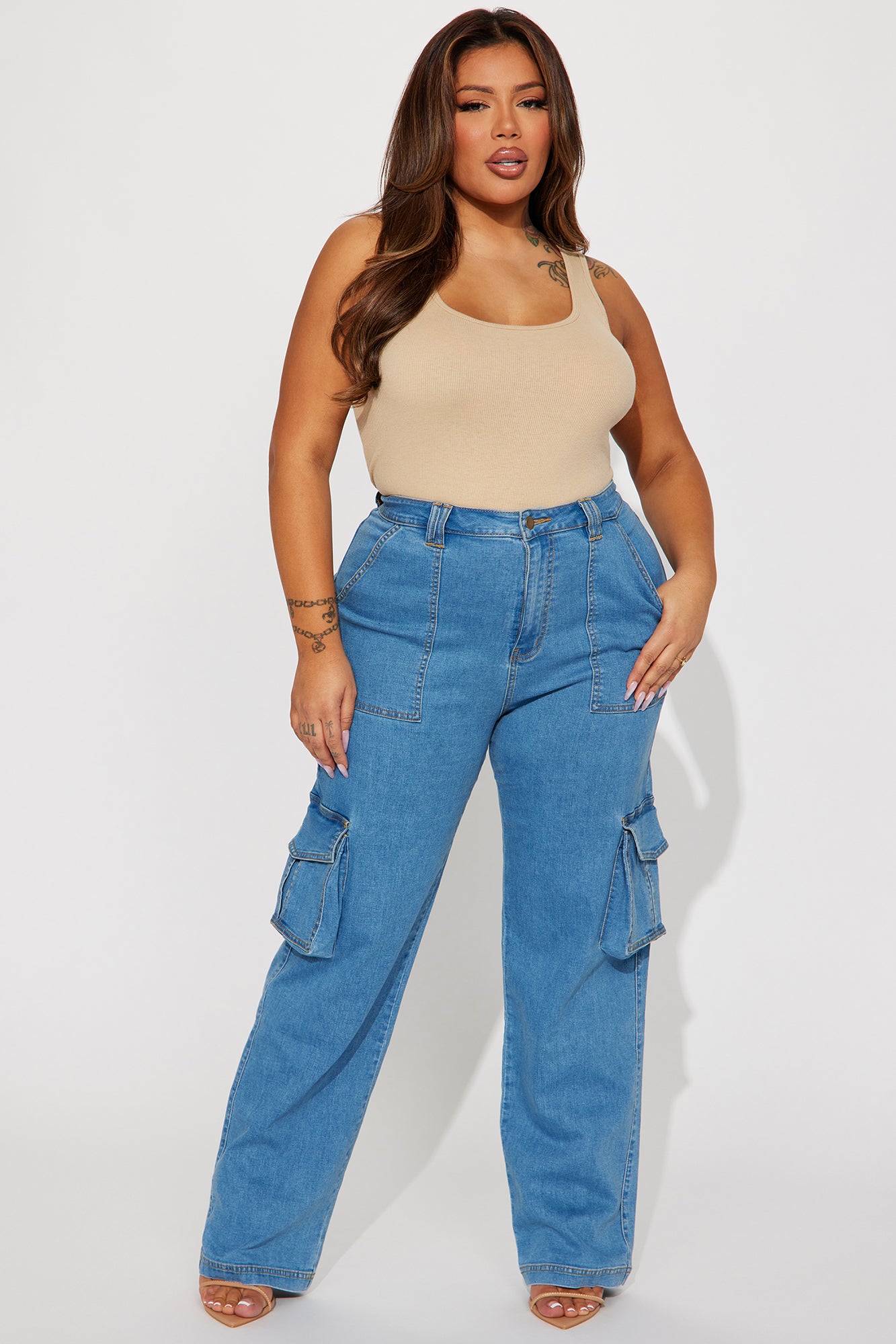 Can't Knock Me Down Stretch Cargo Jeans - Medium Blue Wash - Image 4