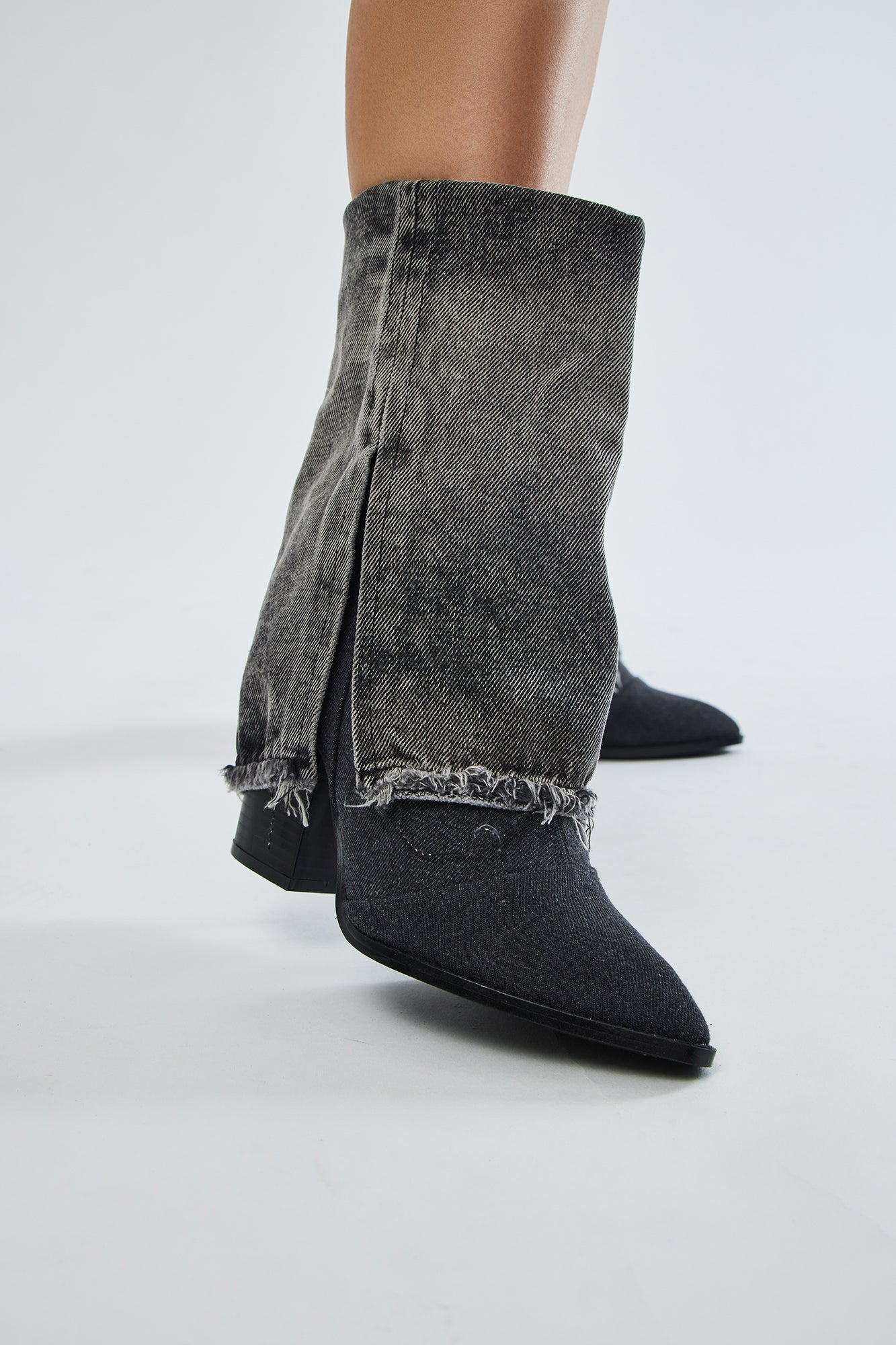 Ashlynn Overlay Denim Boots - Black - Image 4