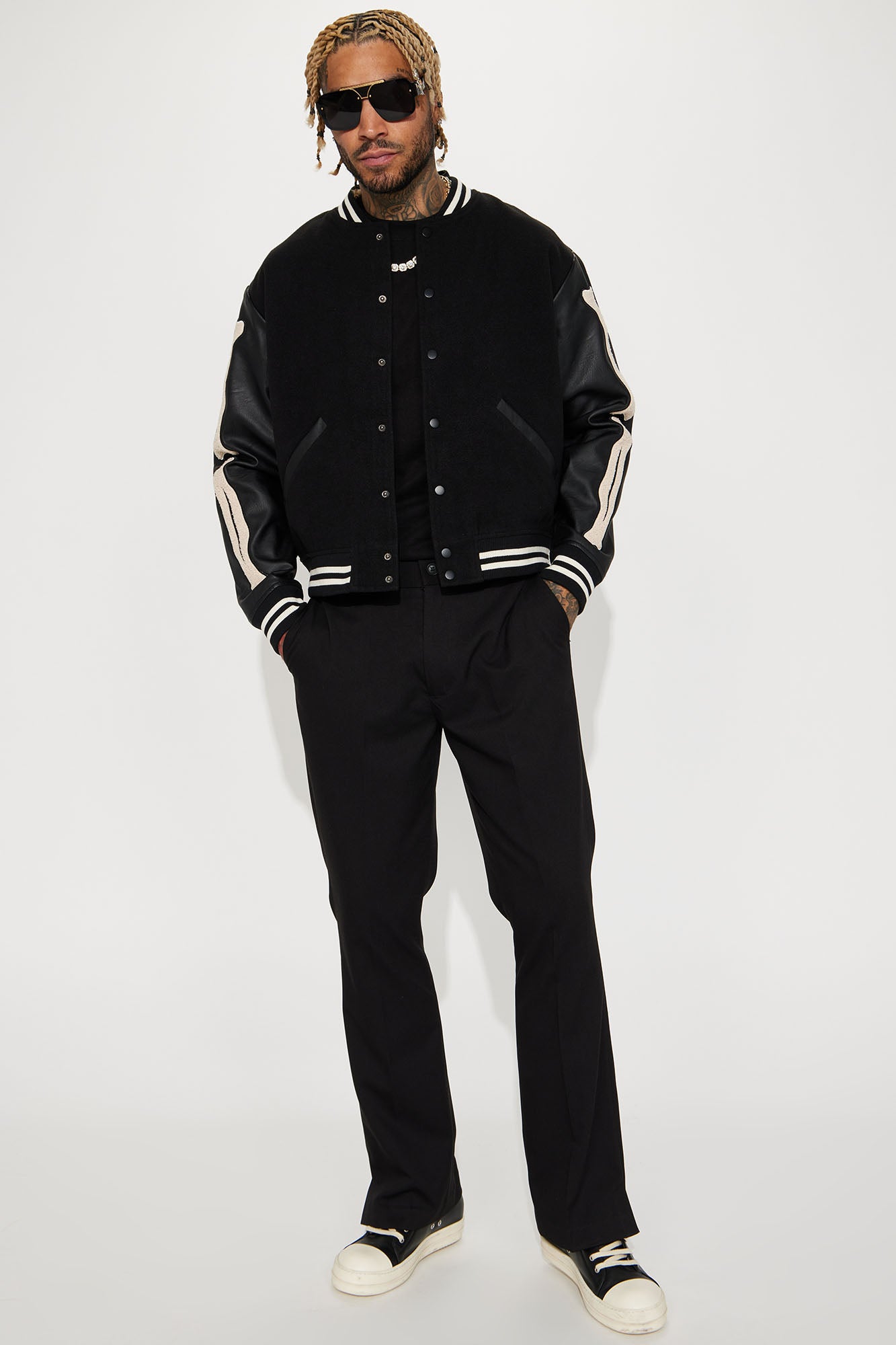 Bone Applique Varsity Bomber Jacket - Black - Image 3