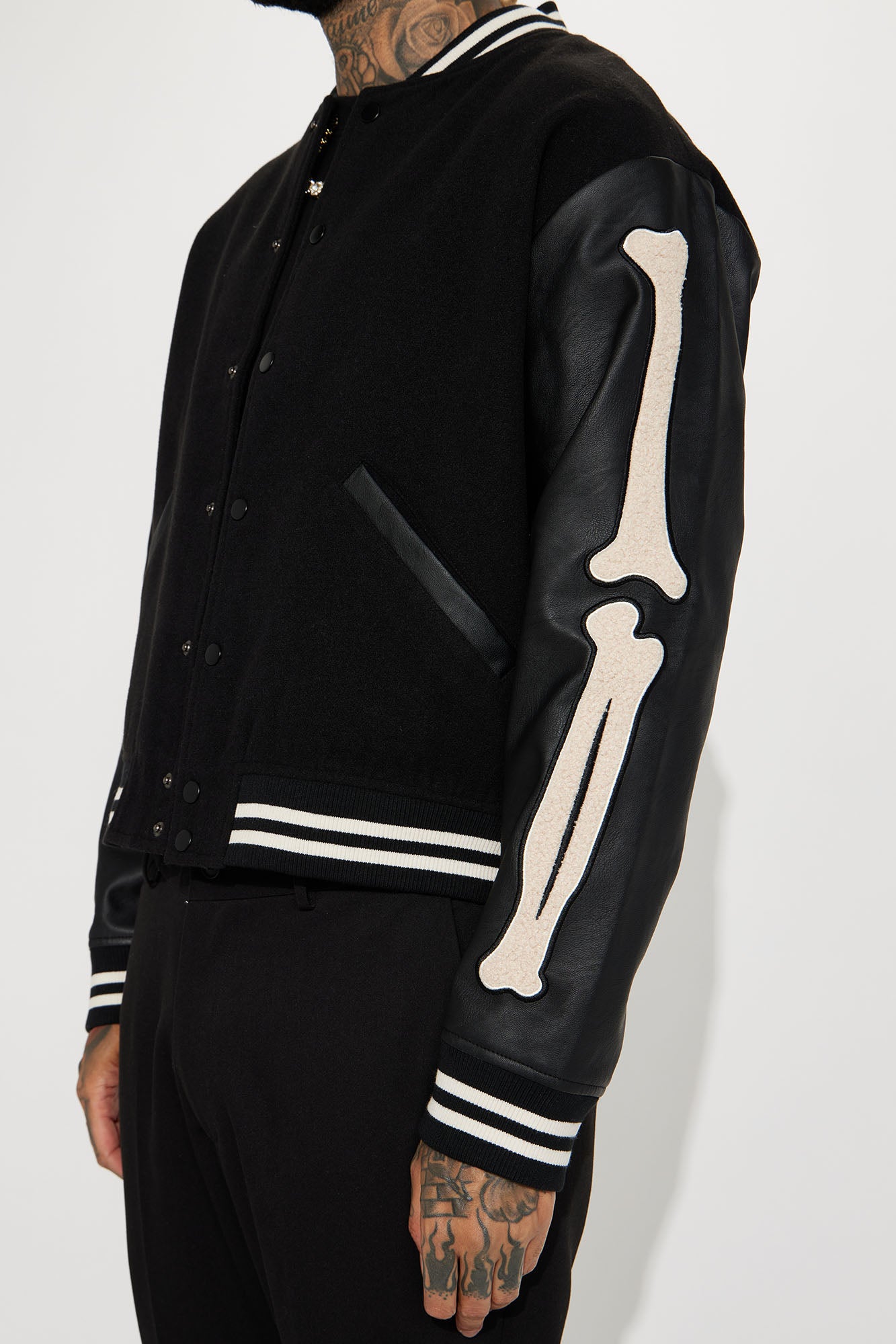 Bone Applique Varsity Bomber Jacket - Black - Image 4