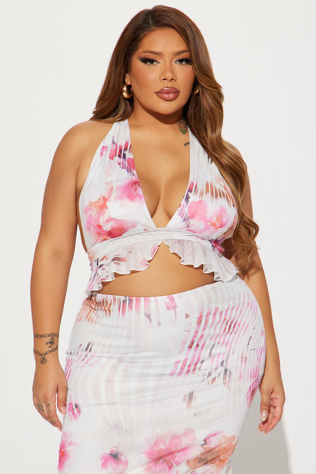 Kyoto Floral Mesh Maxi Skirt Set - White/Pink - Image 5